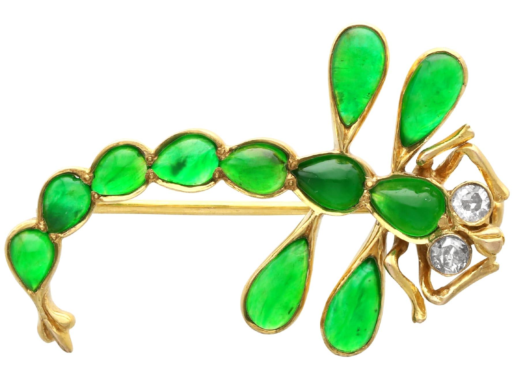 Antique 1.95Ct Chrysoprase and 0.14Ct Diamond 15k Yellow Gold Dragonfly Brooch