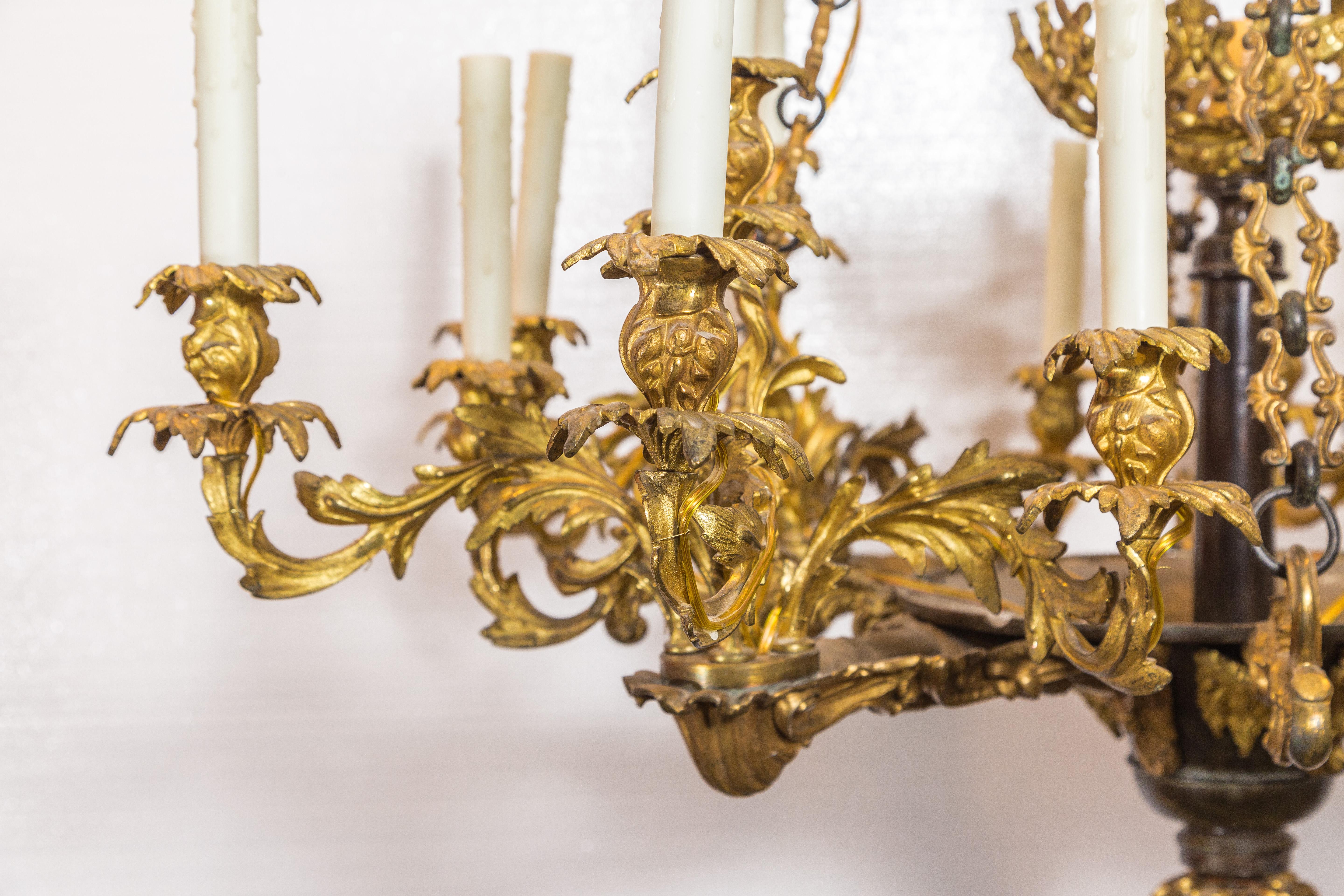 French Antique 1960s Gold Bronze Chandelier For Sale