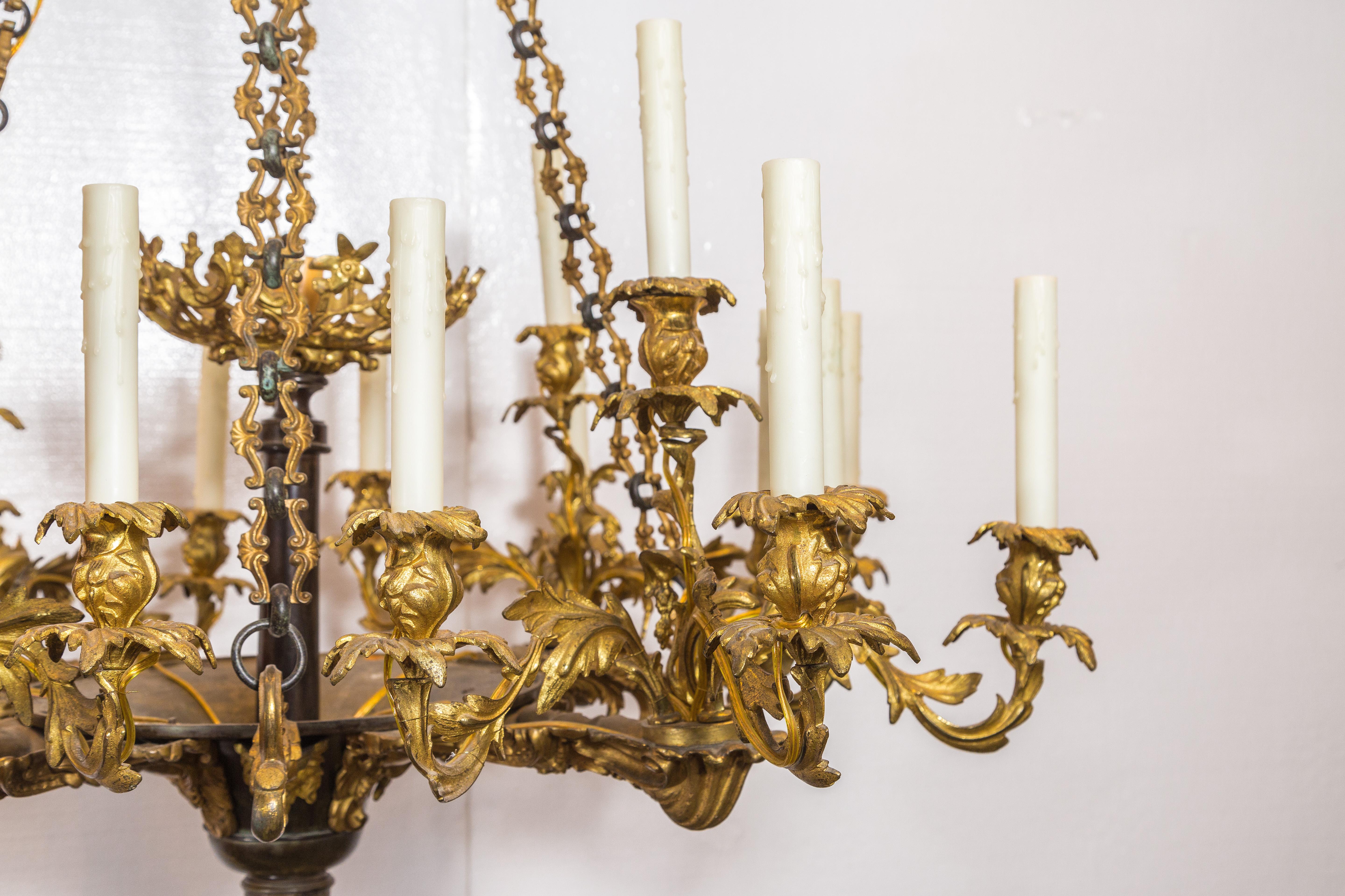 Gilt Antique 1960s Gold Bronze Chandelier For Sale