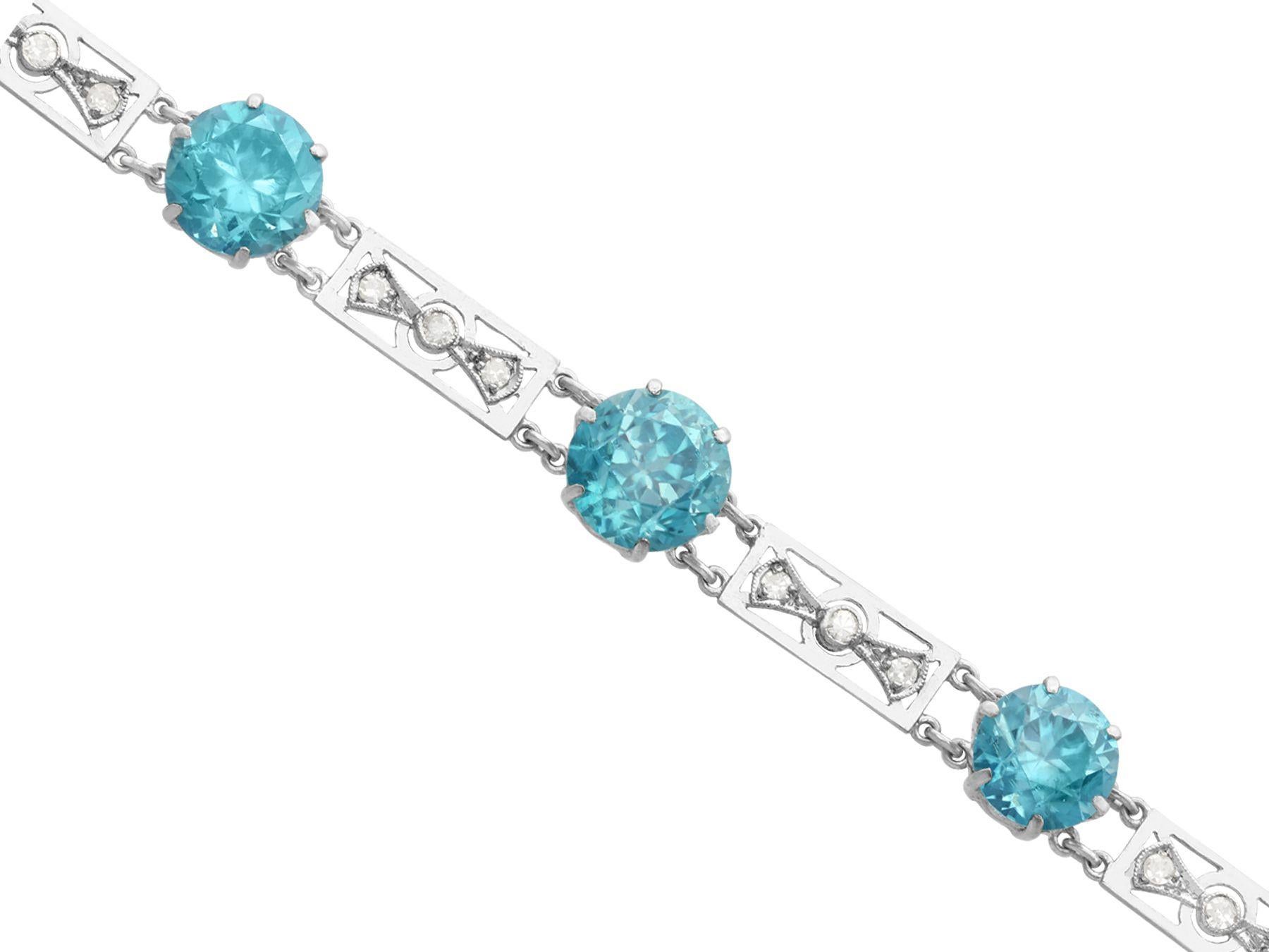 A fine and impressive antique 19.61 carat natural blue zircon and 0.45 carat diamond, 9 karat white gold bracelet; part of our antique jewelry and estate jewelry collections

This stunning, fine and impressive blue zircon bracelet has been crafted