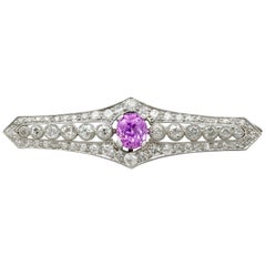 Antique 1.97 Carat Pink Sapphire and 2.32 Carat Diamond, Platinum Brooch