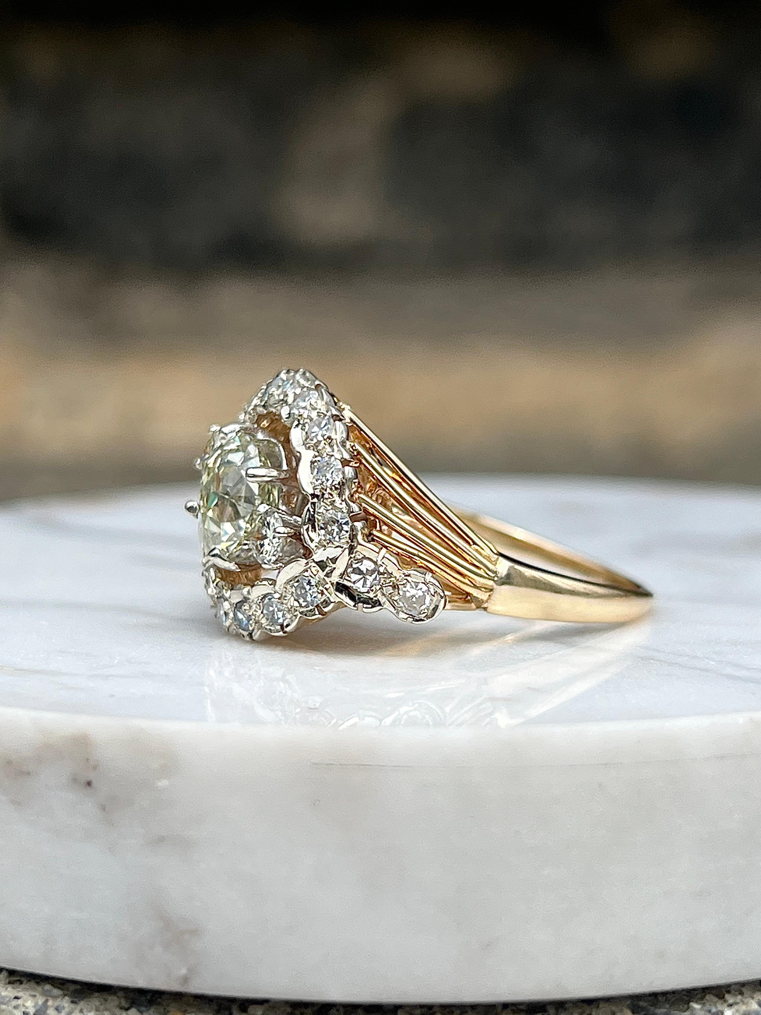 Art Deco Antique 1970s 1.71 Carat Cushion Cut Diamond Two Tone Gold Engagement Ring