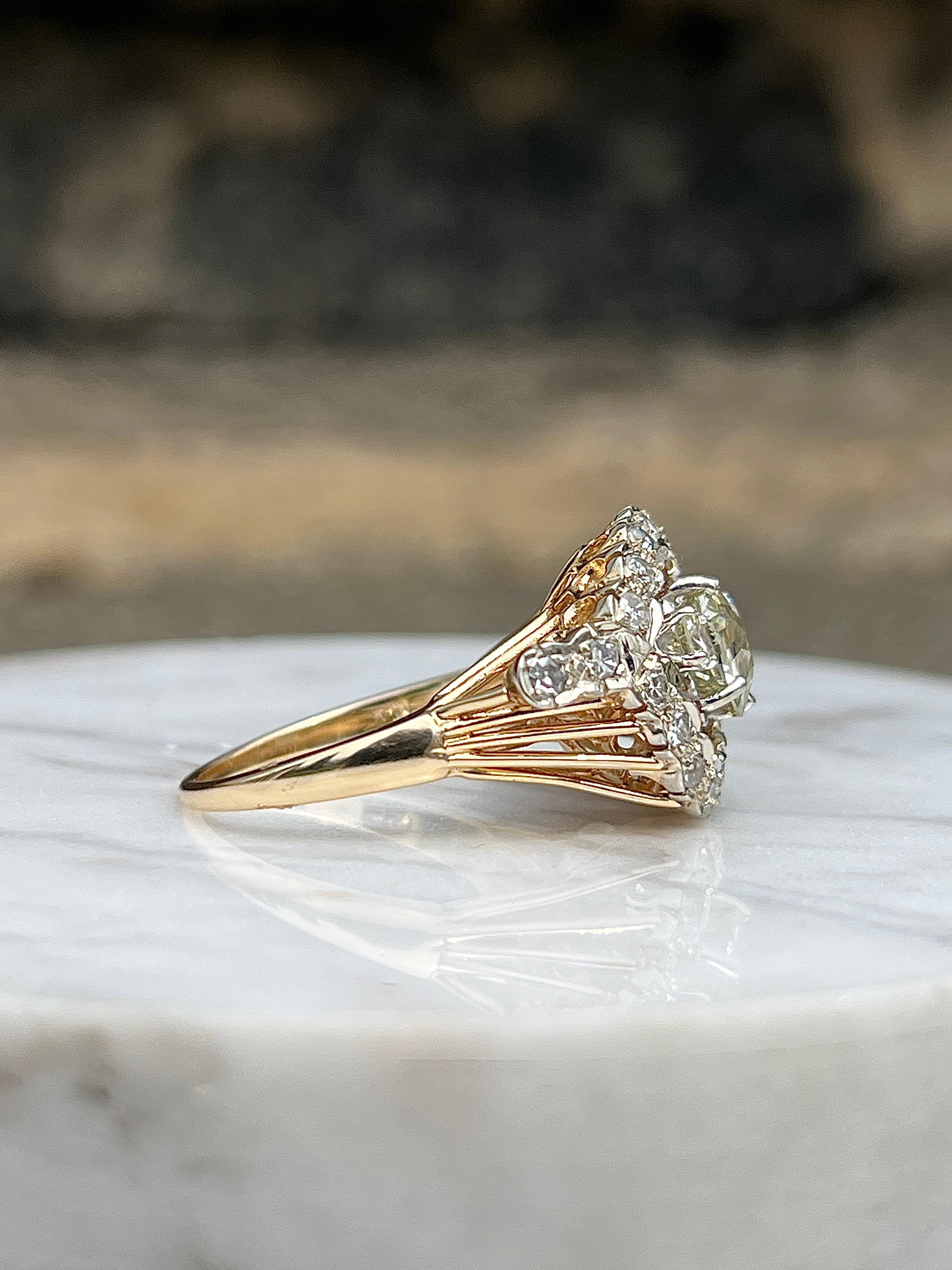Antique 1970s 1.71 Carat Cushion Cut Diamond Two Tone Gold Engagement Ring In Good Condition In Towson, MD