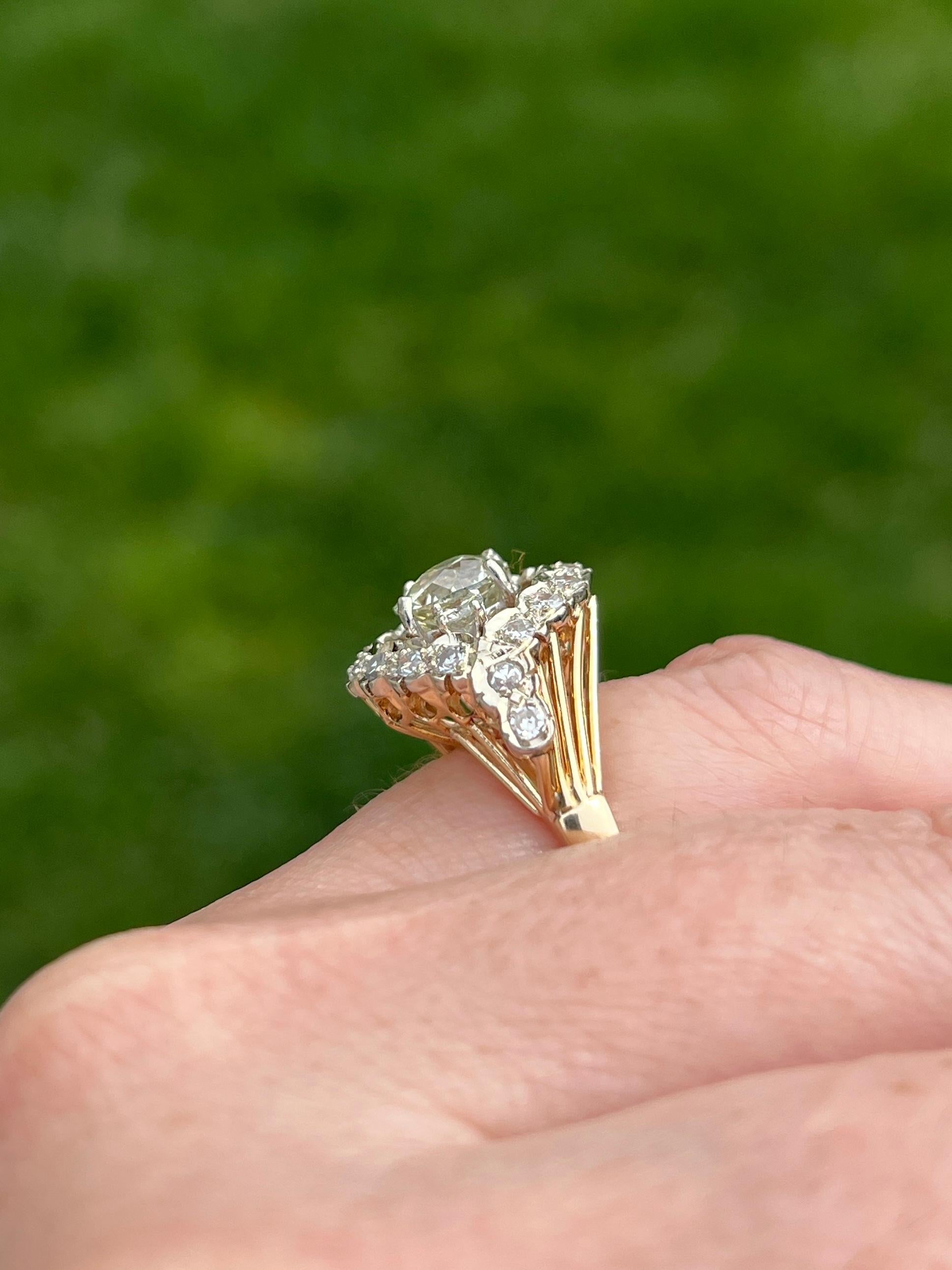 Antique 1970s 1.71 Carat Cushion Cut Diamond Two Tone Gold Engagement Ring 1