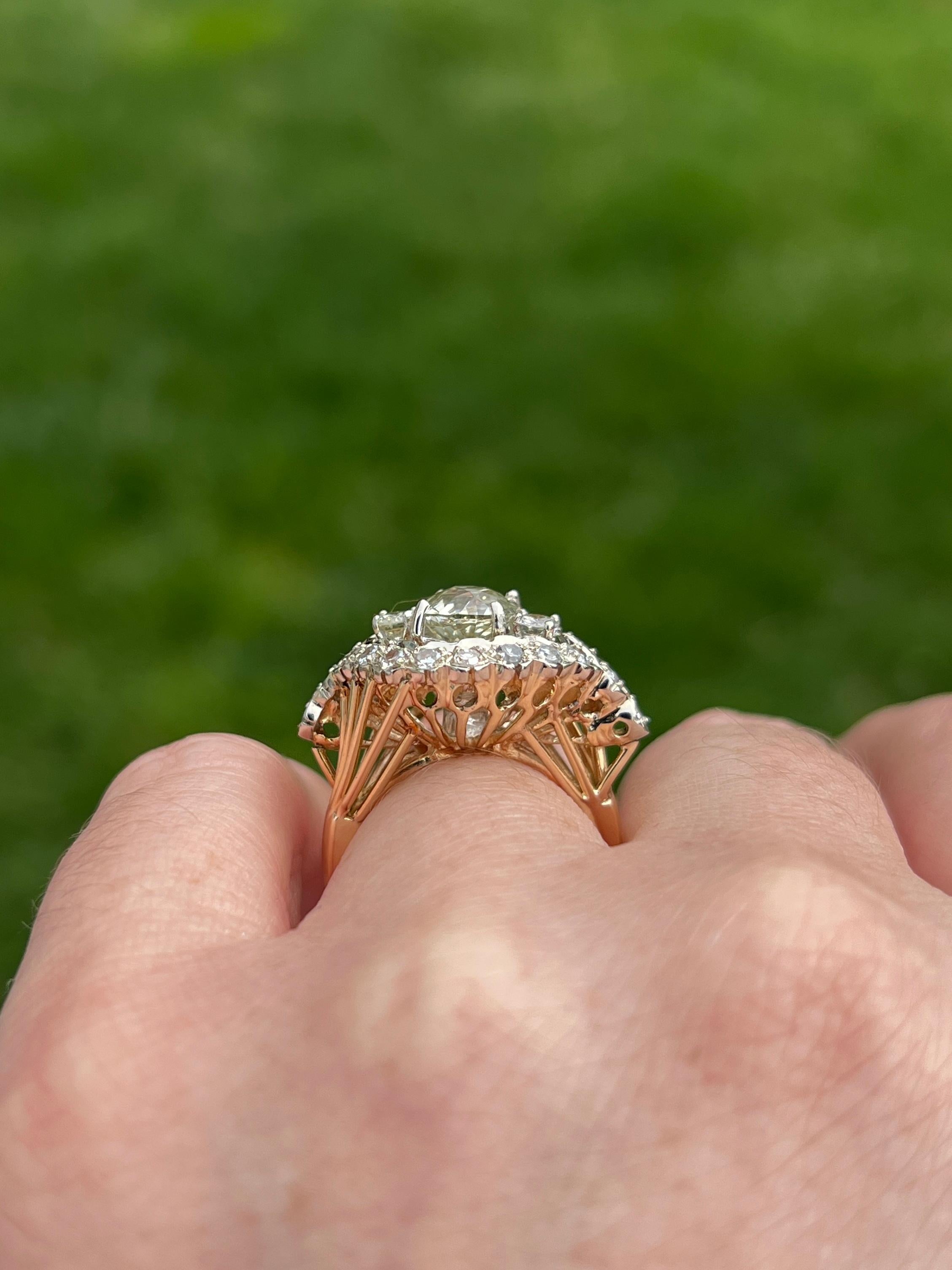 Antique 1970s 1.71 Carat Cushion Cut Diamond Two Tone Gold Engagement Ring 2