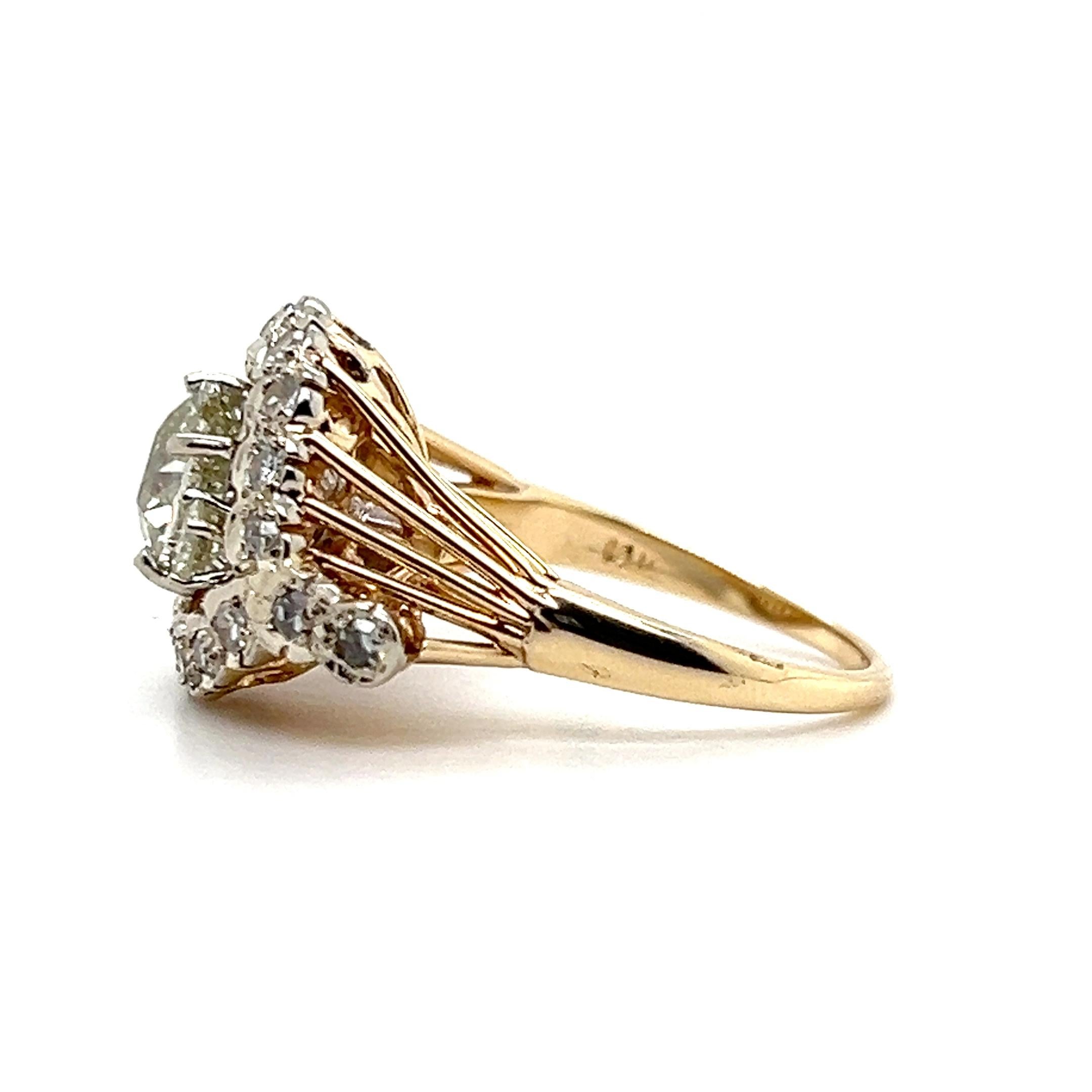 Antique 1970s 1.71 Carat Cushion Cut Diamond Two Tone Gold Engagement Ring 3