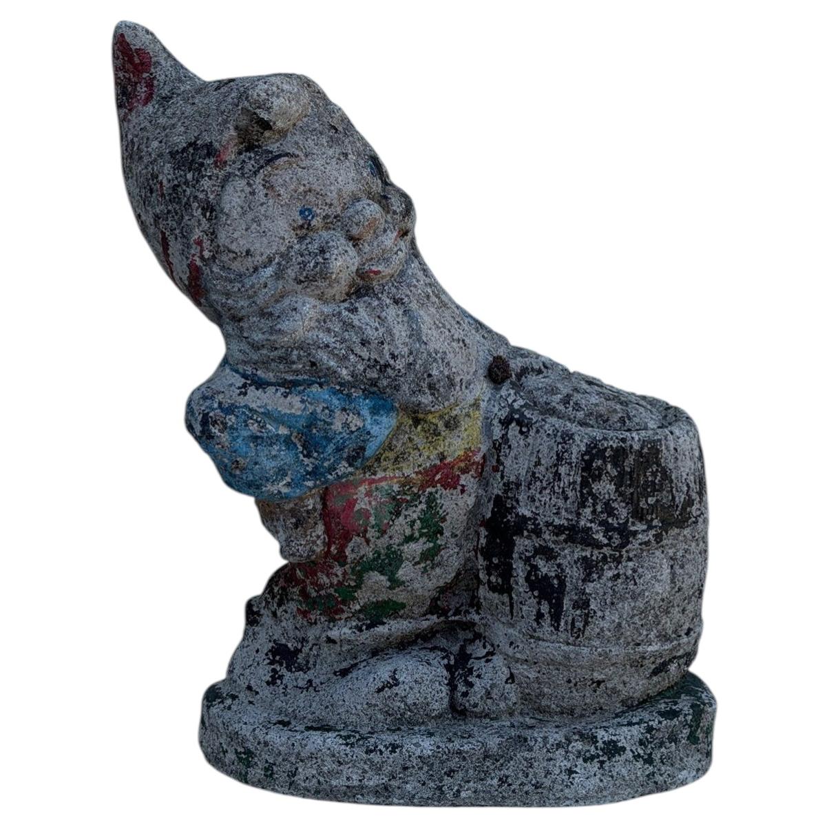 Antique 1970s Painted Concrete Garden Gnome with Barrel Statue