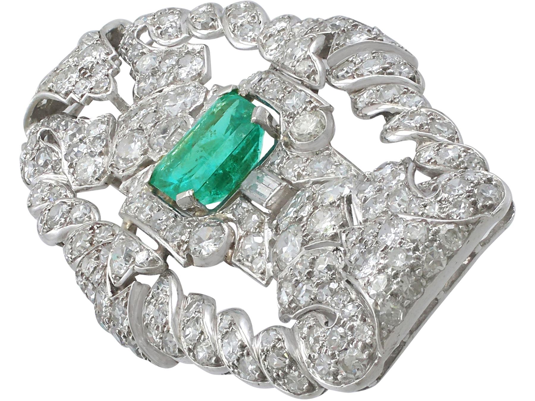 Emerald Cut Antique 1.98 Carat Emerald 5.22 Carat Diamond Platinum Brooch