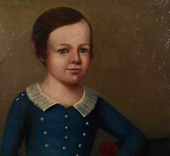 Antico dipinto ad olio di scuola americana del XIX secolo raffigurante un ragazzo e il suo cane