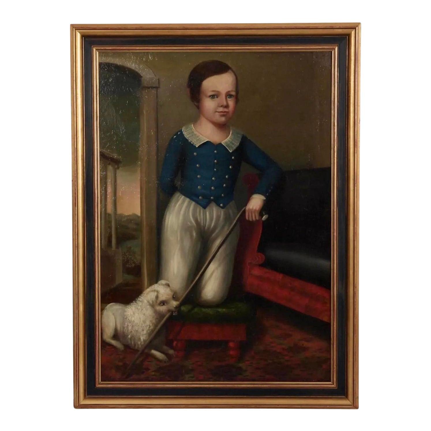 Nord-américain Portrait à l'huile ancien de l'école américaine du 19e siècle représentant un garçon et son chien en vente