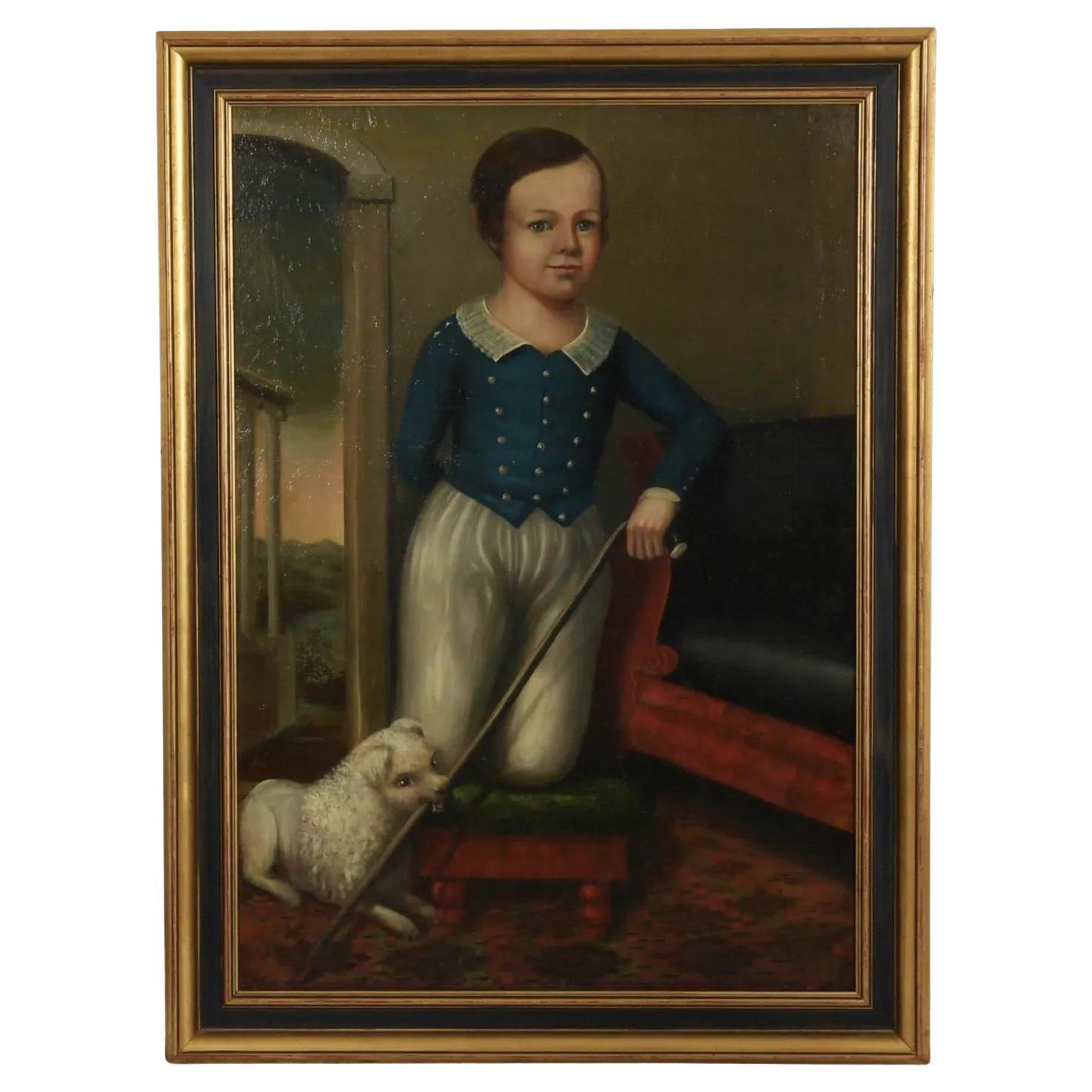 Portrait à l'huile ancien de l'école américaine du 19e siècle représentant un garçon et son chien