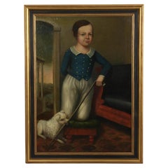 Antique 19c American School Portrait Oil Painting of a Boy & His Dog