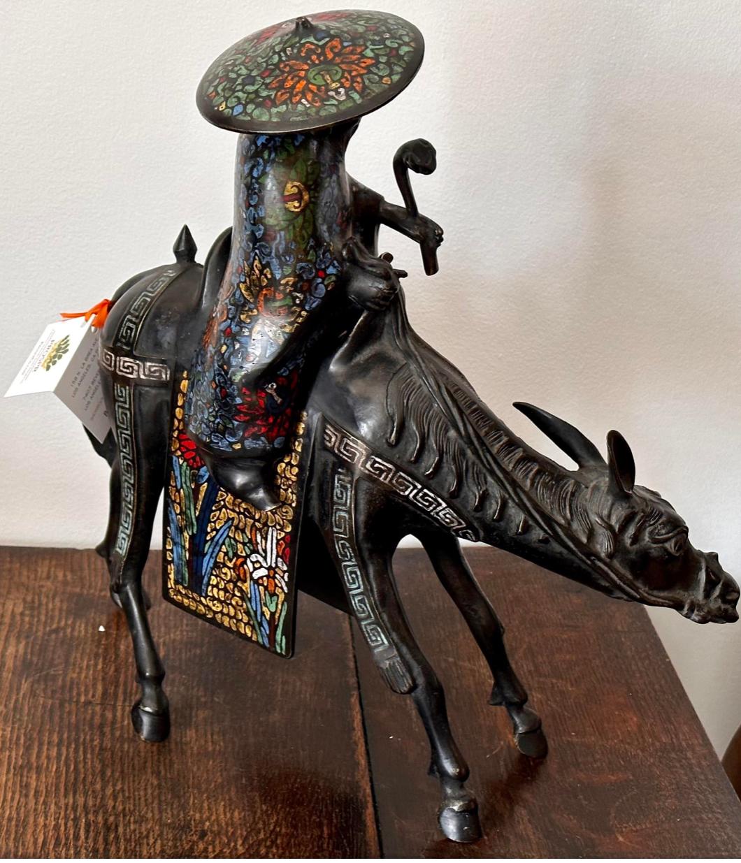 Antique 19c Chinese Bronze Champleve Figural Censer - Donkey & Rider In Good Condition In LOS ANGELES, CA