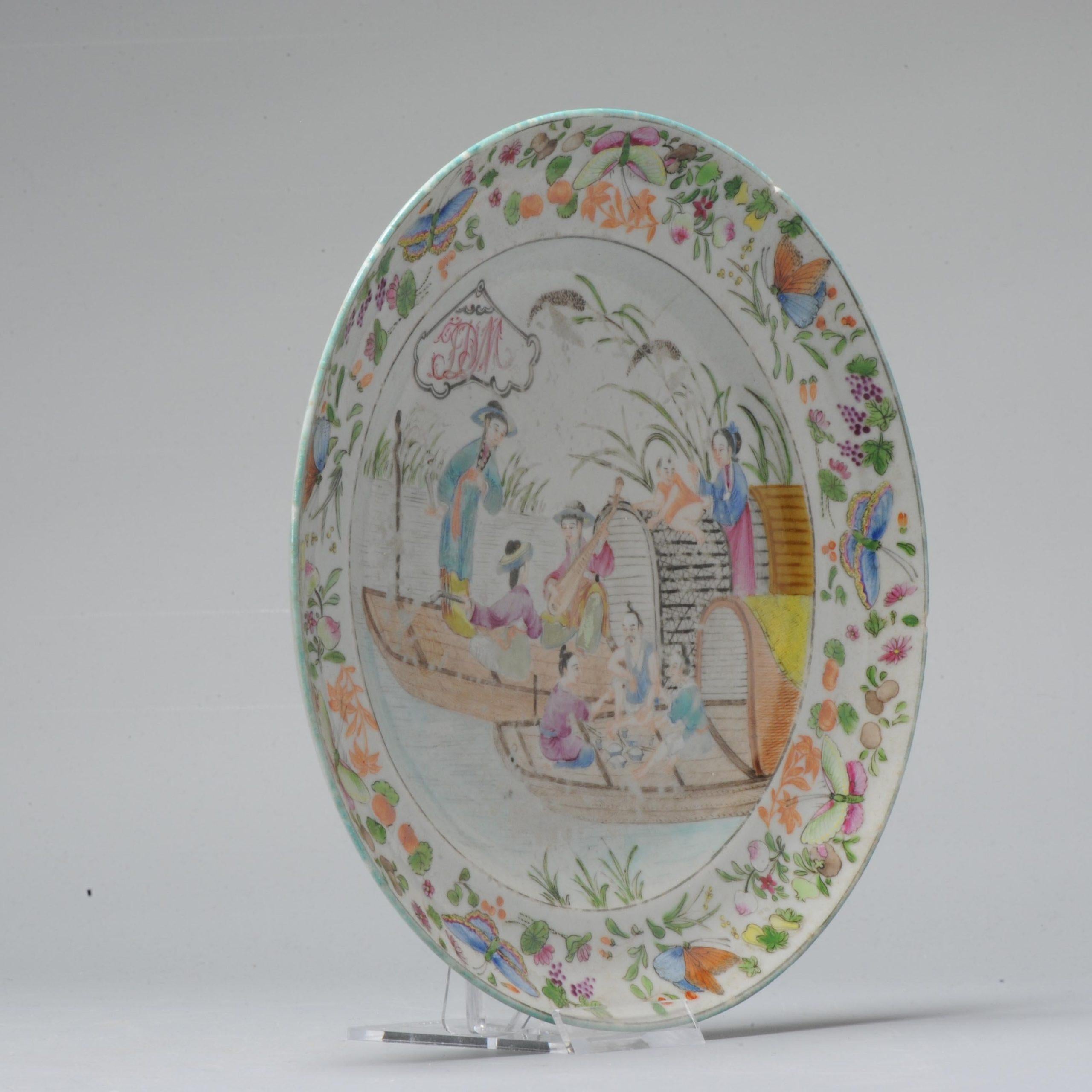 Antique 19c Chinese Porcelain Cantonese Armorial Plate River Scene Boats For Sale 11