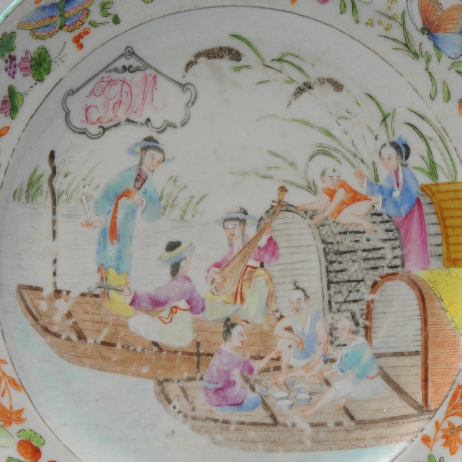 Antique 19c Chinese Porcelain Cantonese Armorial Plate River Scene Boats For Sale 12