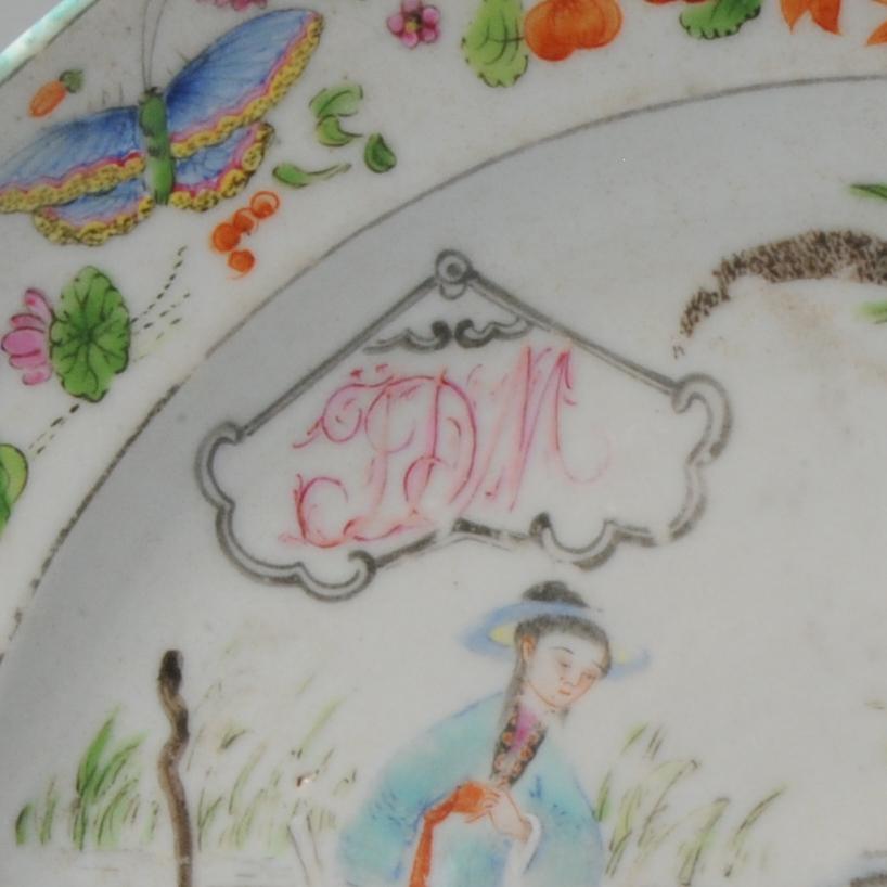 19th Century Antique 19c Chinese Porcelain Cantonese Armorial Plate River Scene Boats For Sale