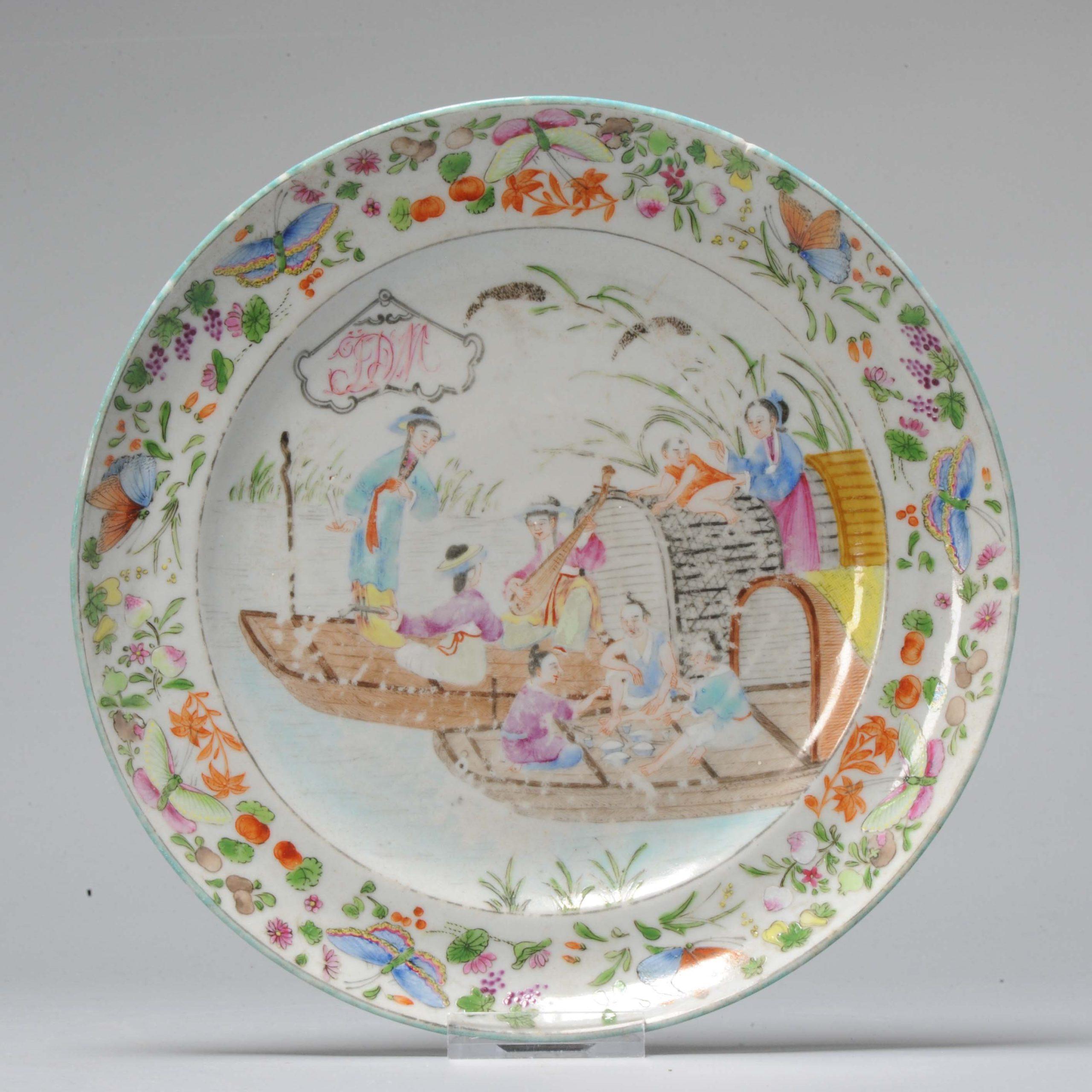 Antique 19c Chinese Porcelain Cantonese Armorial Plate River Scene Boats For Sale 1