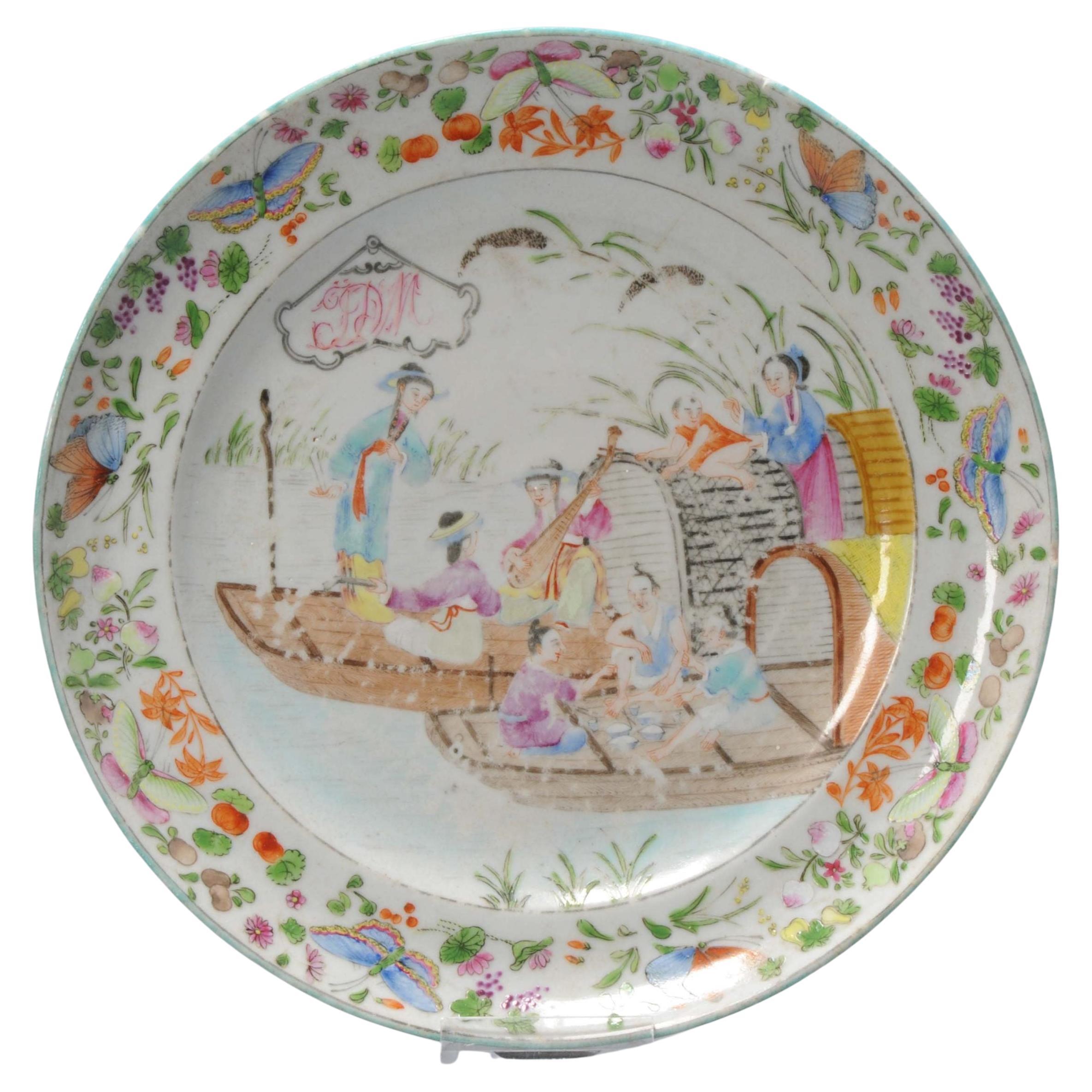 Antique 19c Chinese Porcelain Cantonese Armorial Plate River Scene Boats For Sale