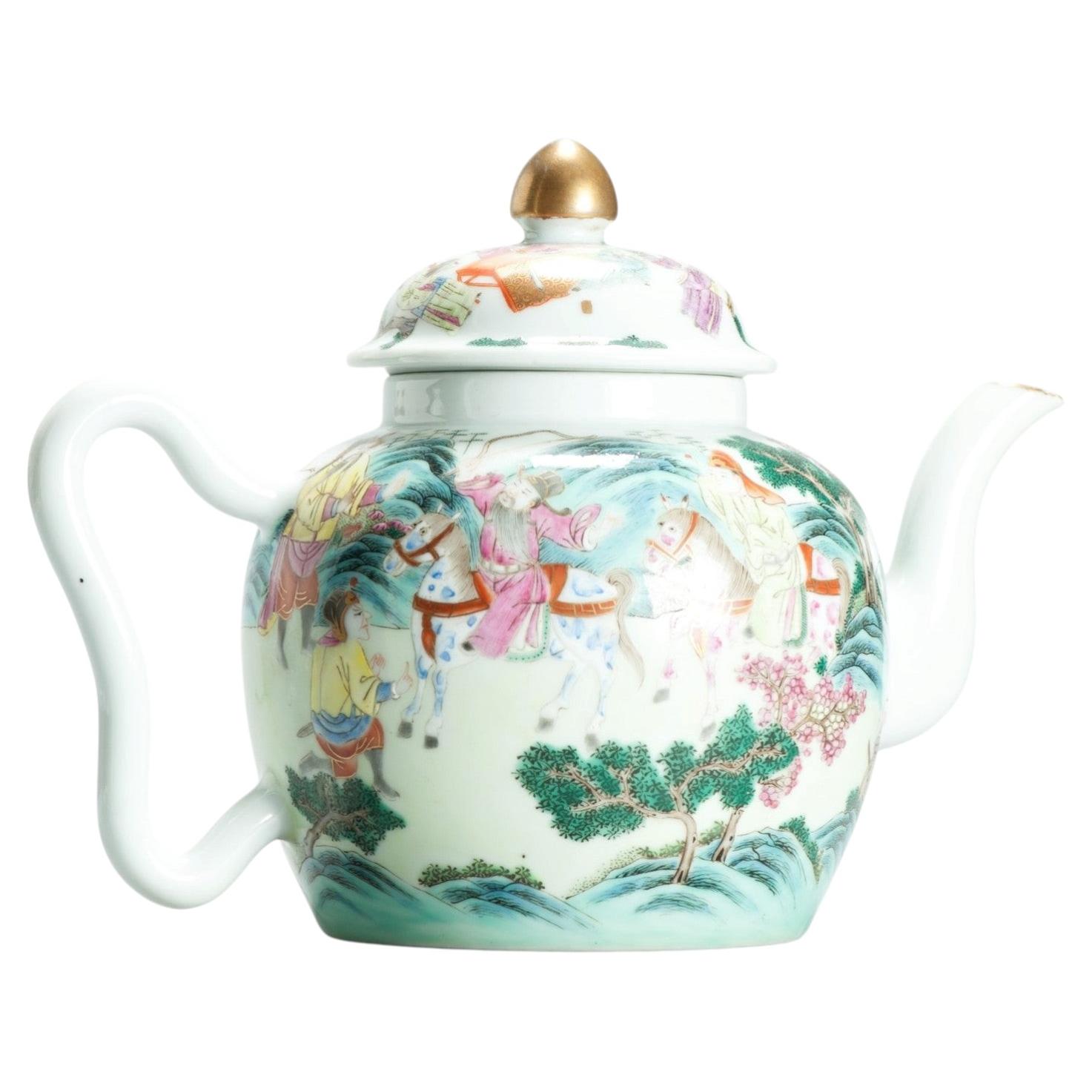 Antique 19C Chinese Porcelain Cantonese Teapot Figures Qing Daoguang Mark&Period