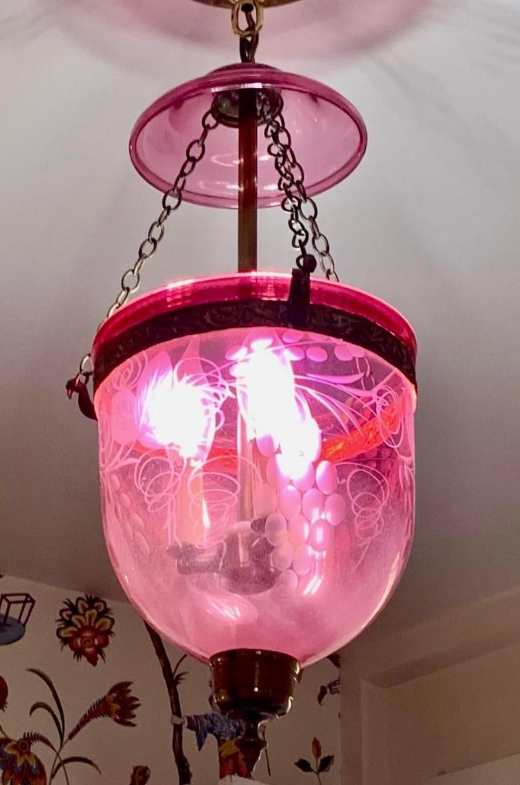 Georgian Antique 19c Cranberry Glass Bell Form Pendant Chandelier