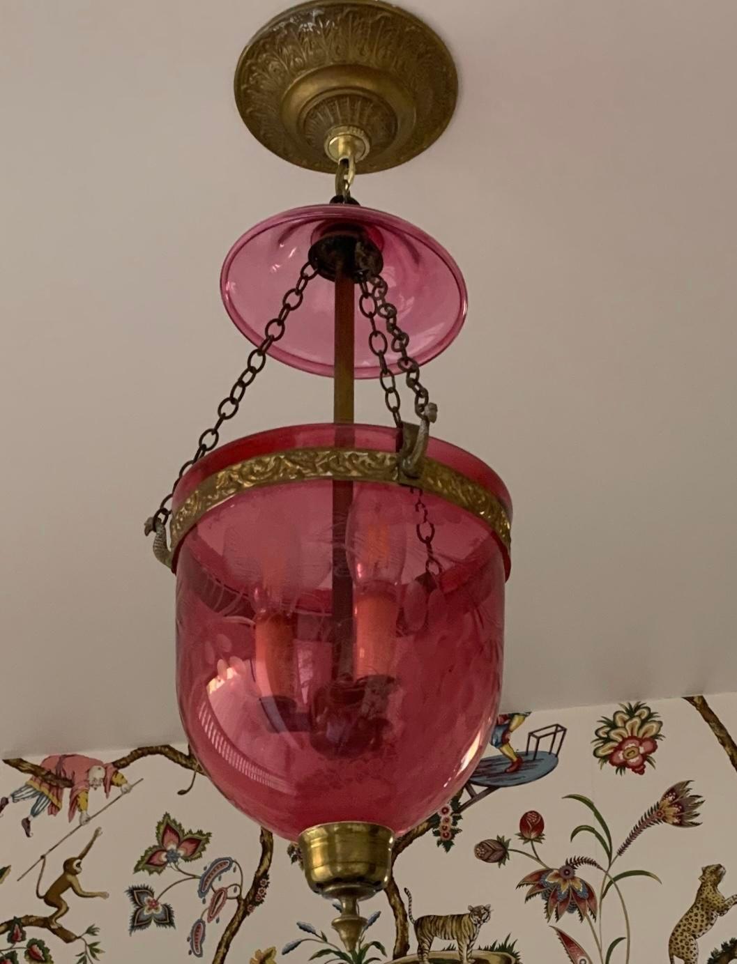 British Antique 19c Cranberry Glass Bell Form Pendant Chandelier