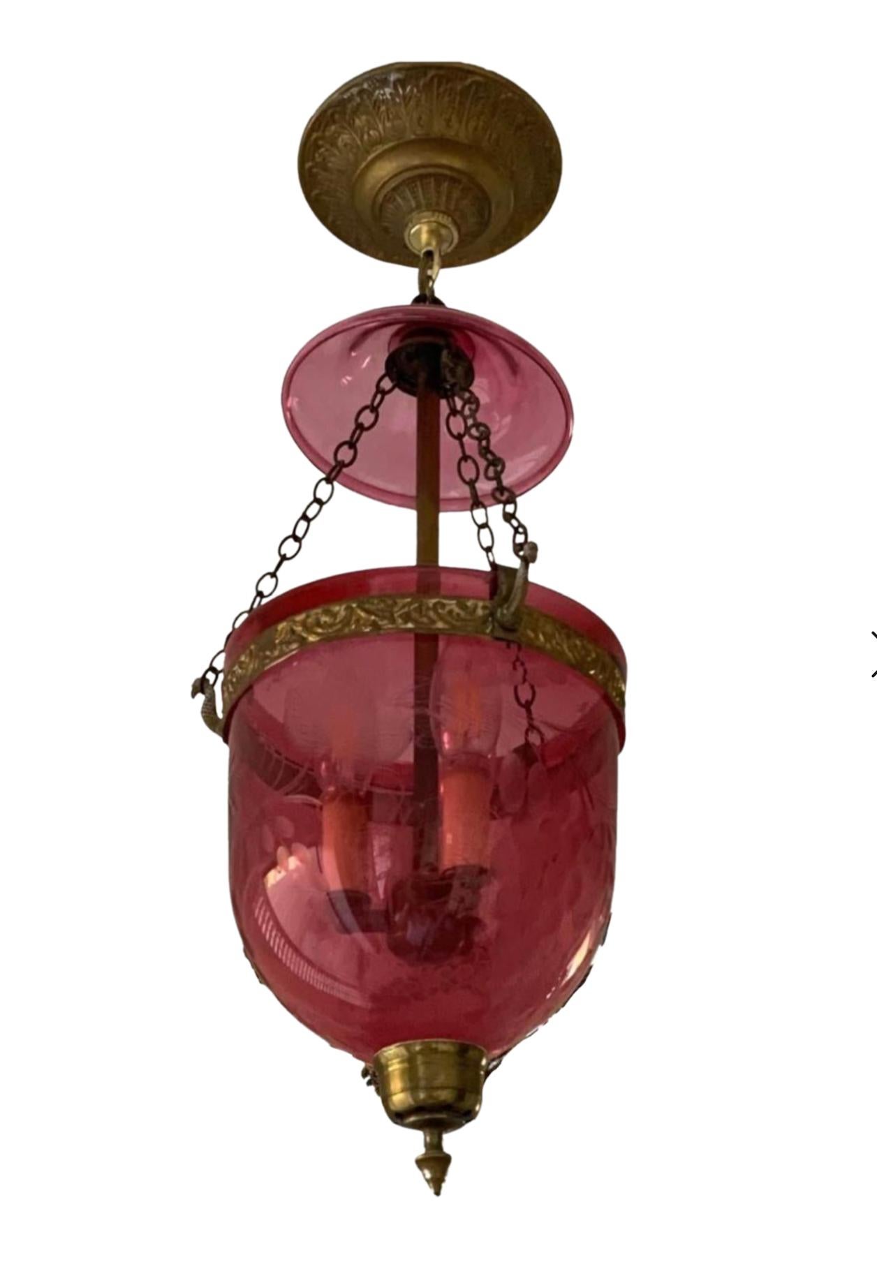 Antique 19c Cranberry Glass Bell Form Pendant Chandelier In Good Condition In LOS ANGELES, CA