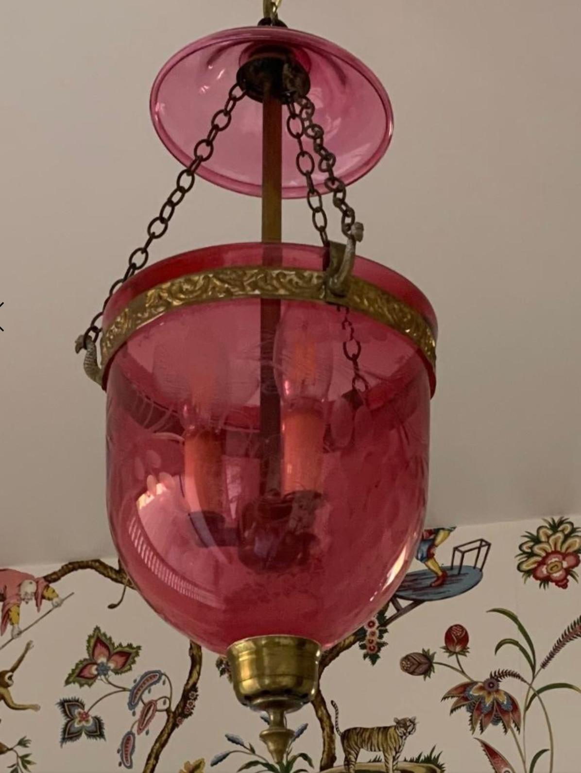 19th Century Antique 19c Cranberry Glass Bell Form Pendant Chandelier