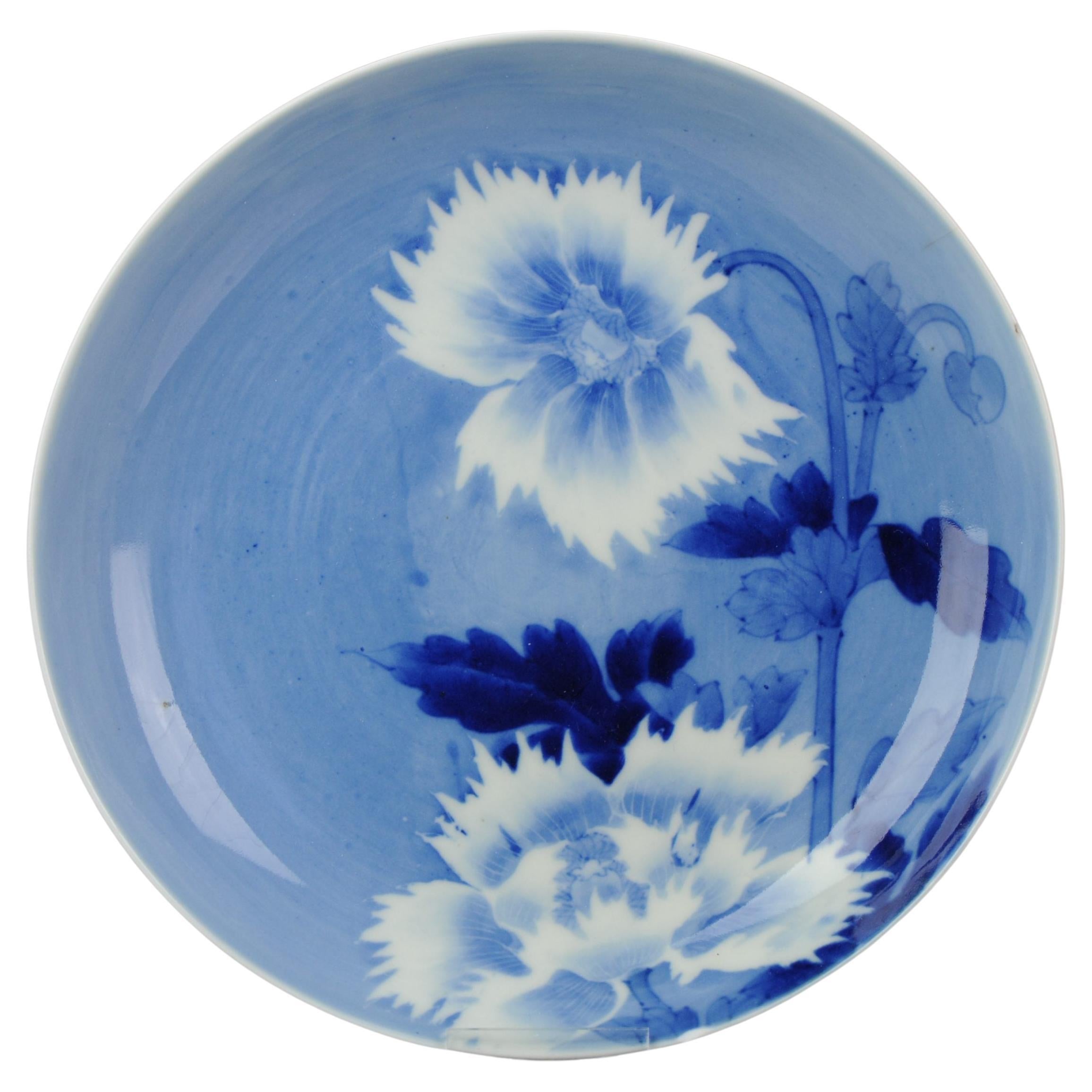 Antique 19 C Japanese Arita Nabeshima Style Blue and White Flower Dish For Sale