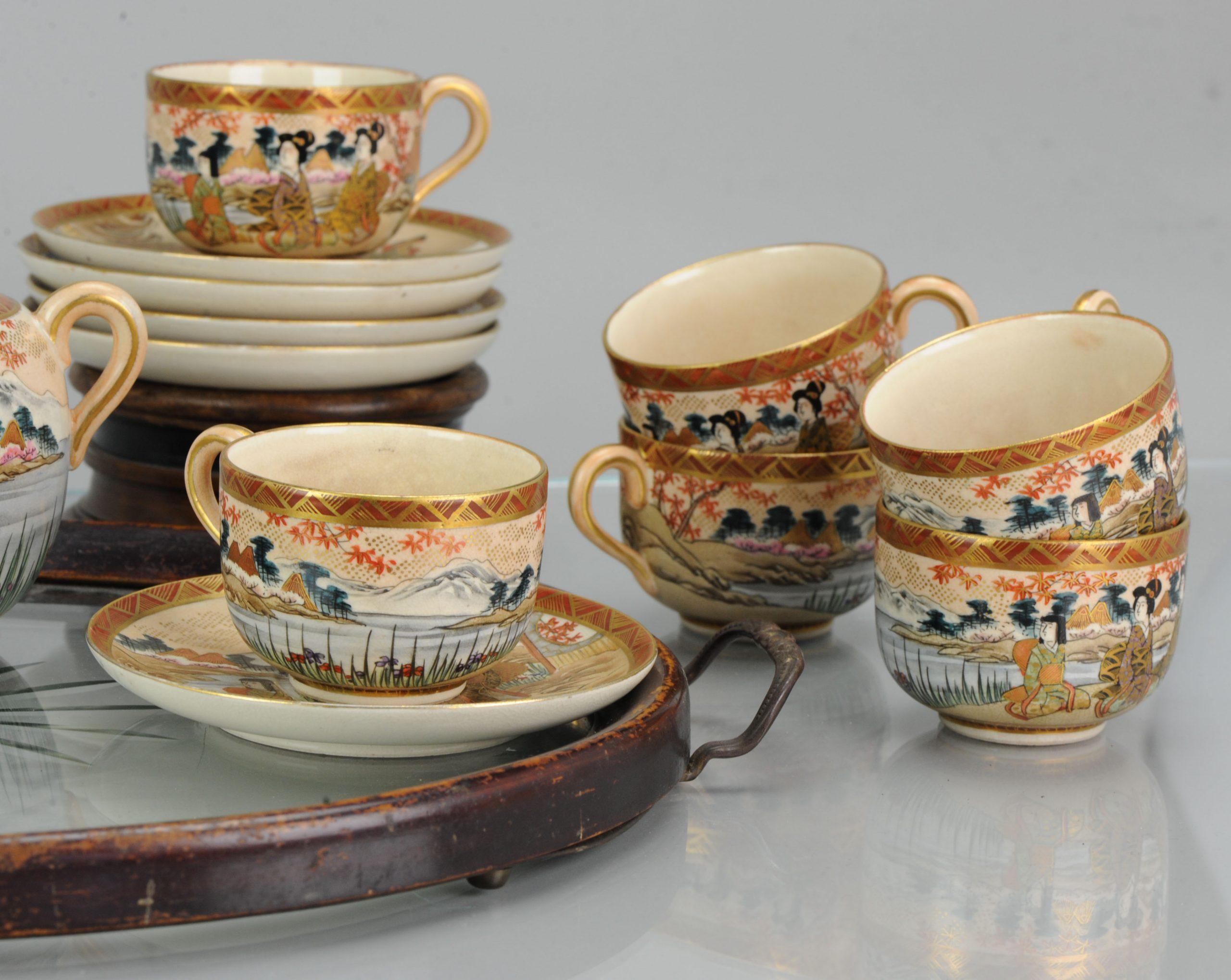 Antique Japanese Satsuma Coffee or Tea Set Richly Decorated Marked Base In Good Condition For Sale In Amsterdam, Noord Holland