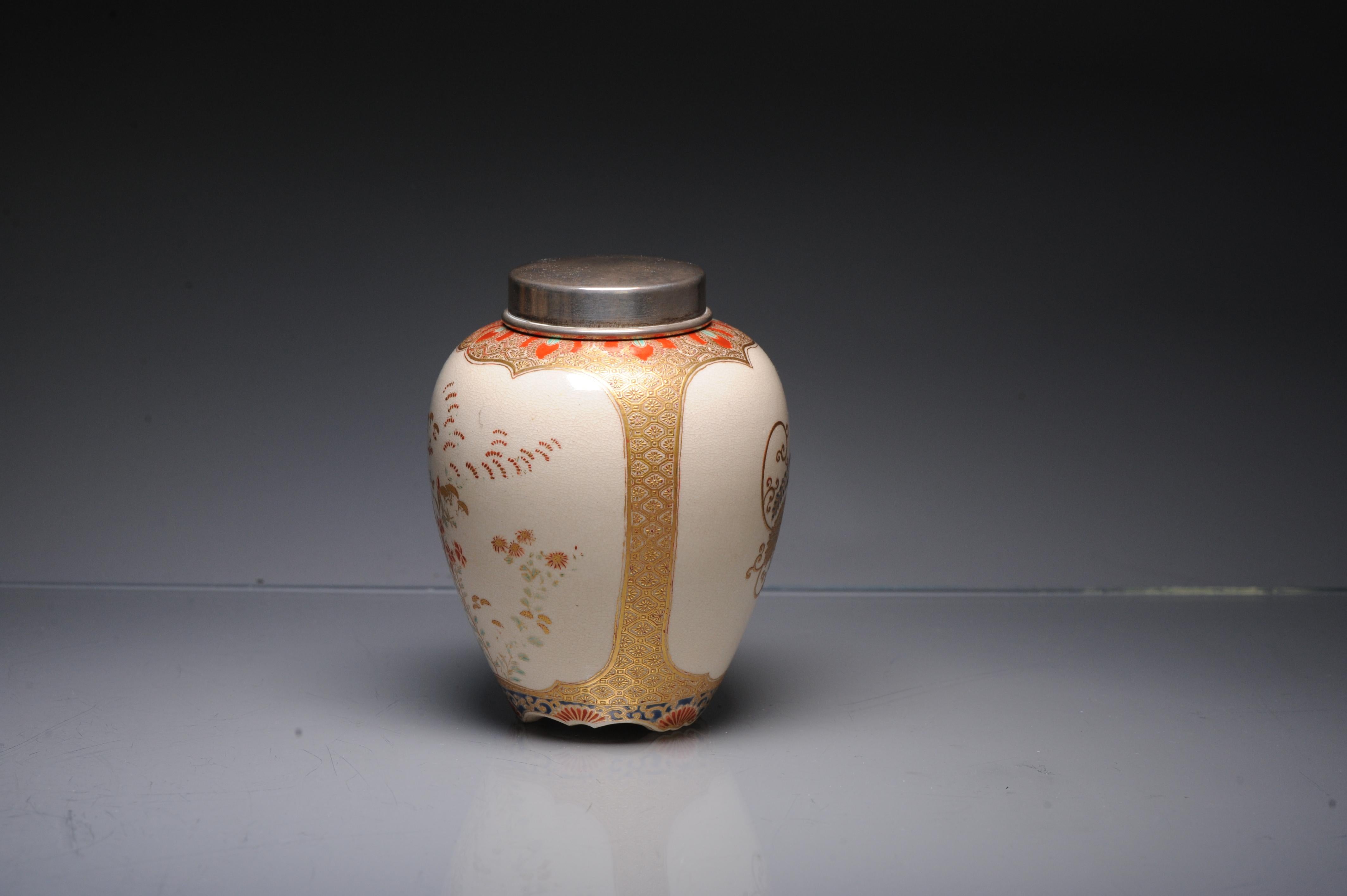 Description

A Japanese Satsuma vase, Meiji period
Of ovoid shape and decorated with flowers and foliage between cell borders, later white metal collar and cover.

Condition

Overall Condition Perfect. Size 120mm high

Period

Meiji