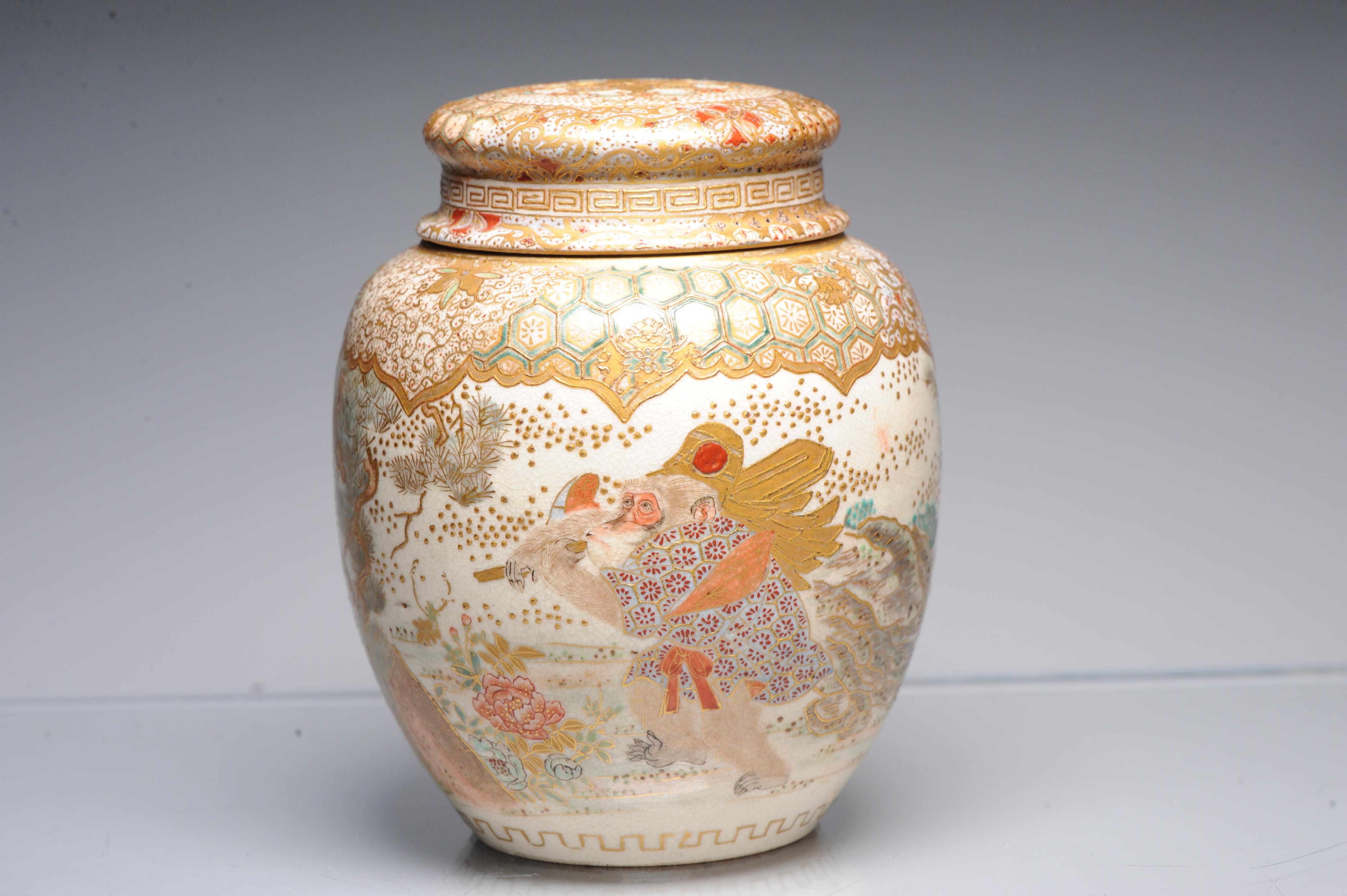Antique 19 C Japanese Satsuma Monkey Jar with Landscape, Japan For Sale 9
