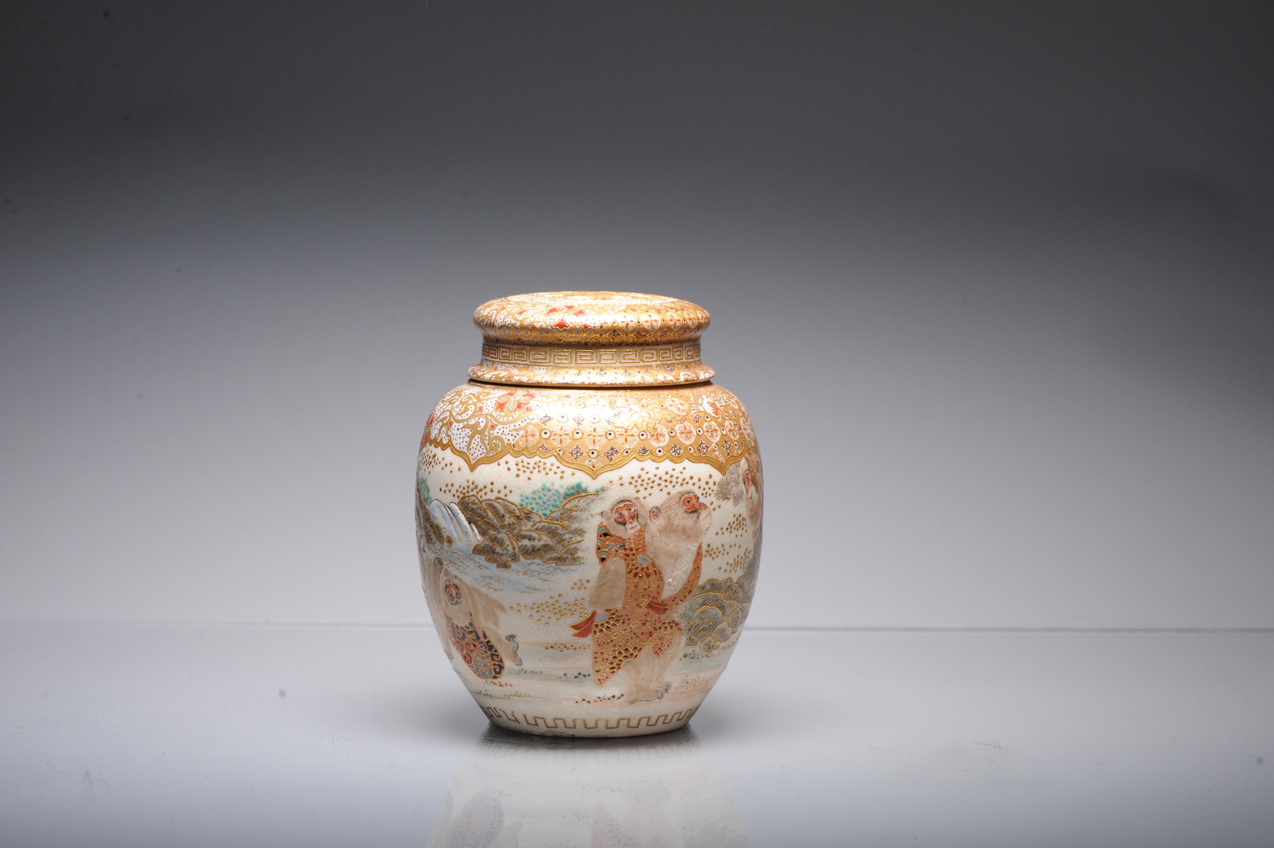 19th Century Antique 19 C Japanese Satsuma Monkey Jar with Landscape, Japan For Sale