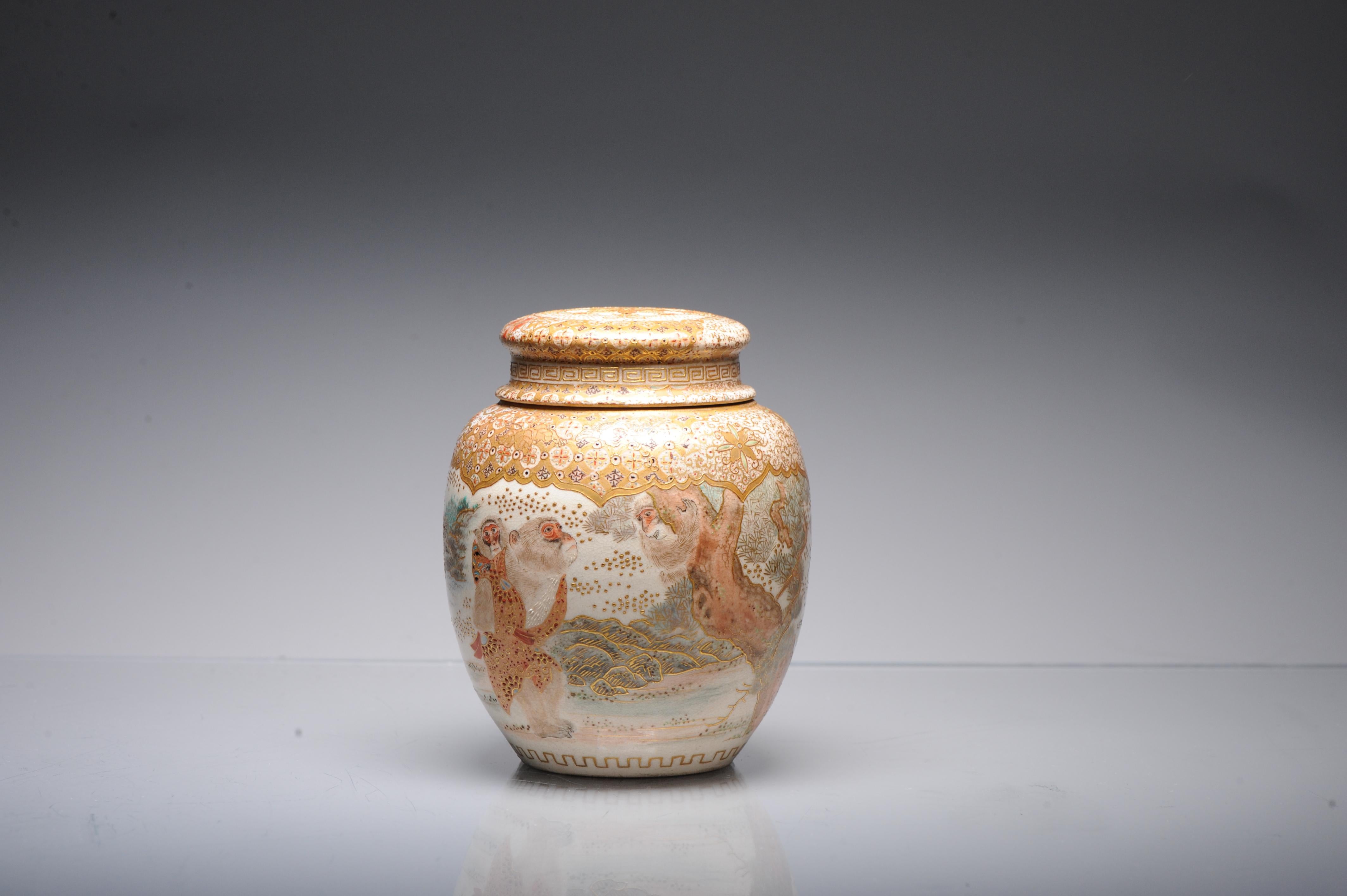 Porcelain Antique 19 C Japanese Satsuma Monkey Jar with Landscape, Japan For Sale