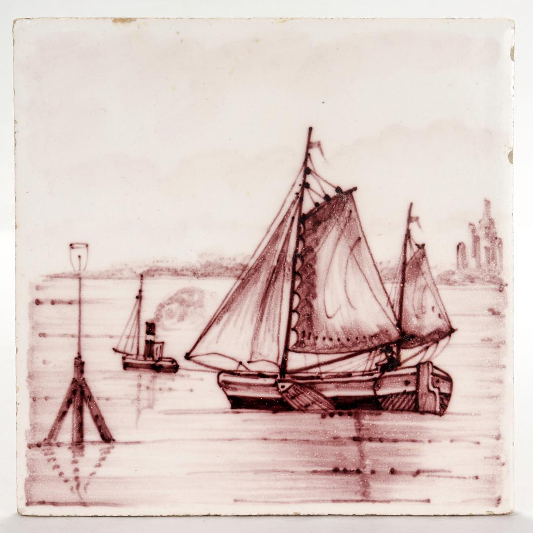 A fine antique Dutch Delft pottery tile.

Depicting a tugboat towing a large two-mast sailboat behind it set in a harbor scene.

Simply a wonderful antique Dutch Delft tile!

Date:
19th century

Overall Condition:
It is in overall fair,