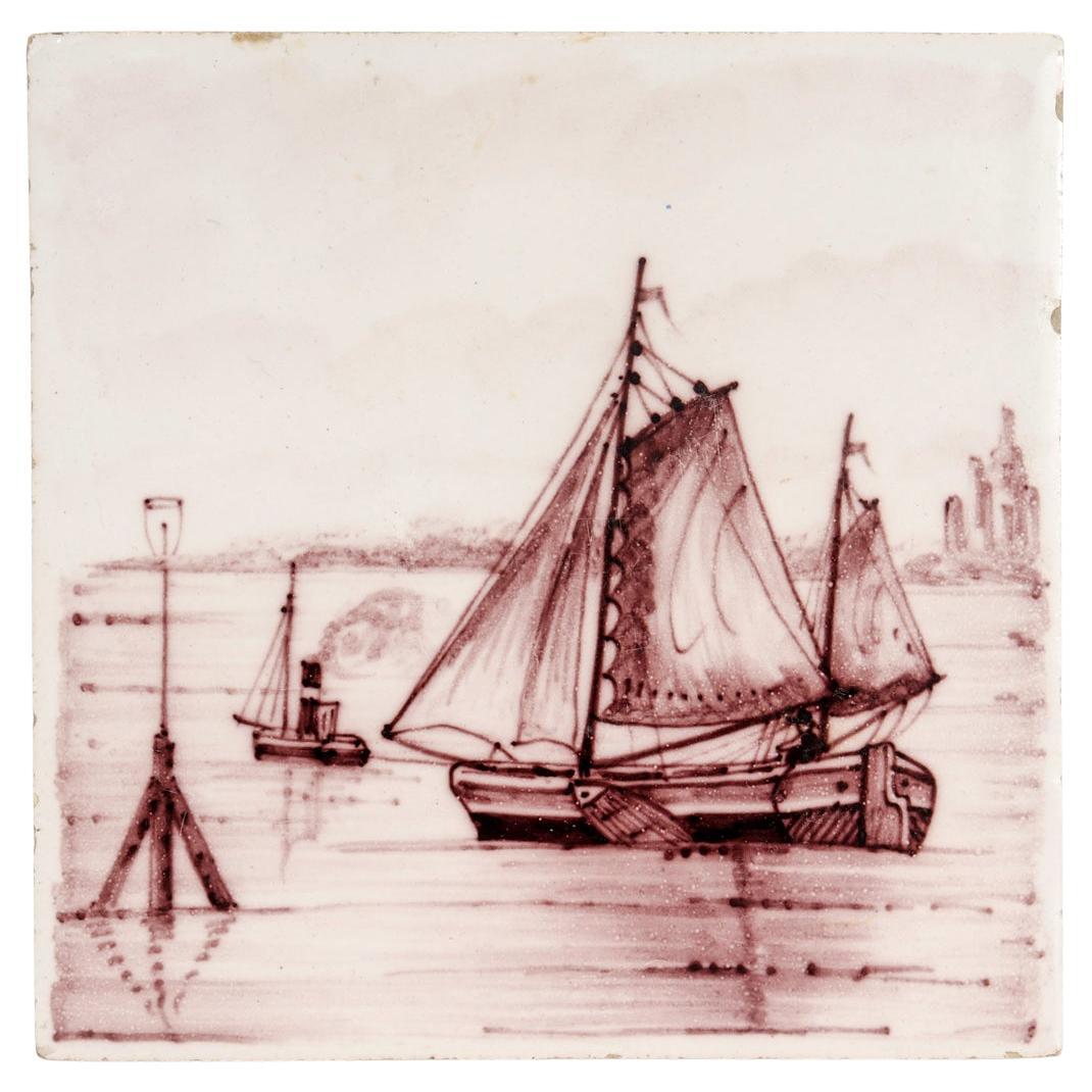Antike japanische niederländische Delfter Tugboat-Kachel eines 2-Mast-Schiffs aus dem 19. Jahrhundert
