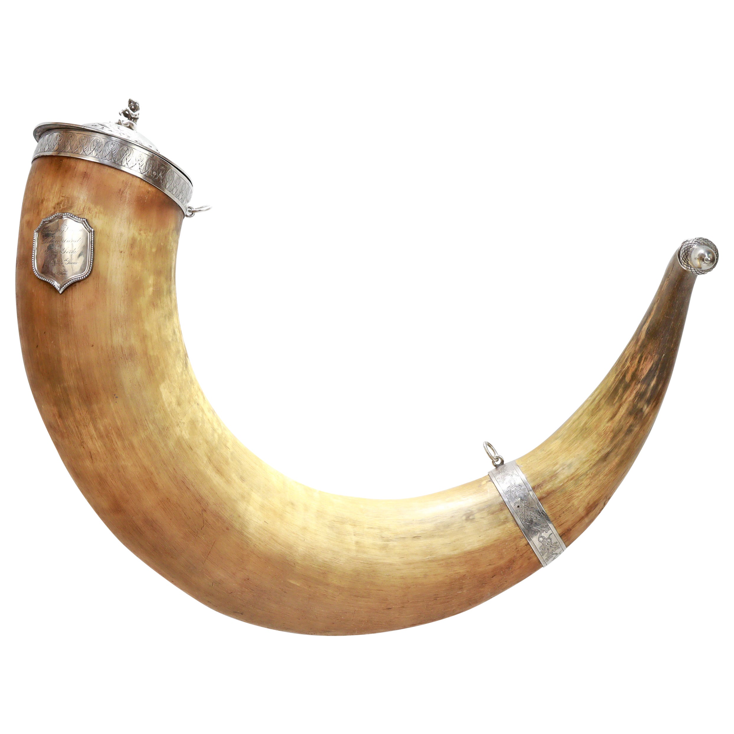 Antique 19c New York City Schillerbund Presentation Horn/Rhyton w Silver Mounts