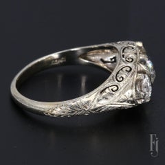 Antique 19k White Gold Three Stone Diamond Ring & Filigree Designs - Size 7.25
