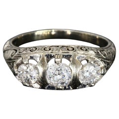Antique 19k White Gold Three Stone Diamond Ring 
Filigree Designs - Size 7.25