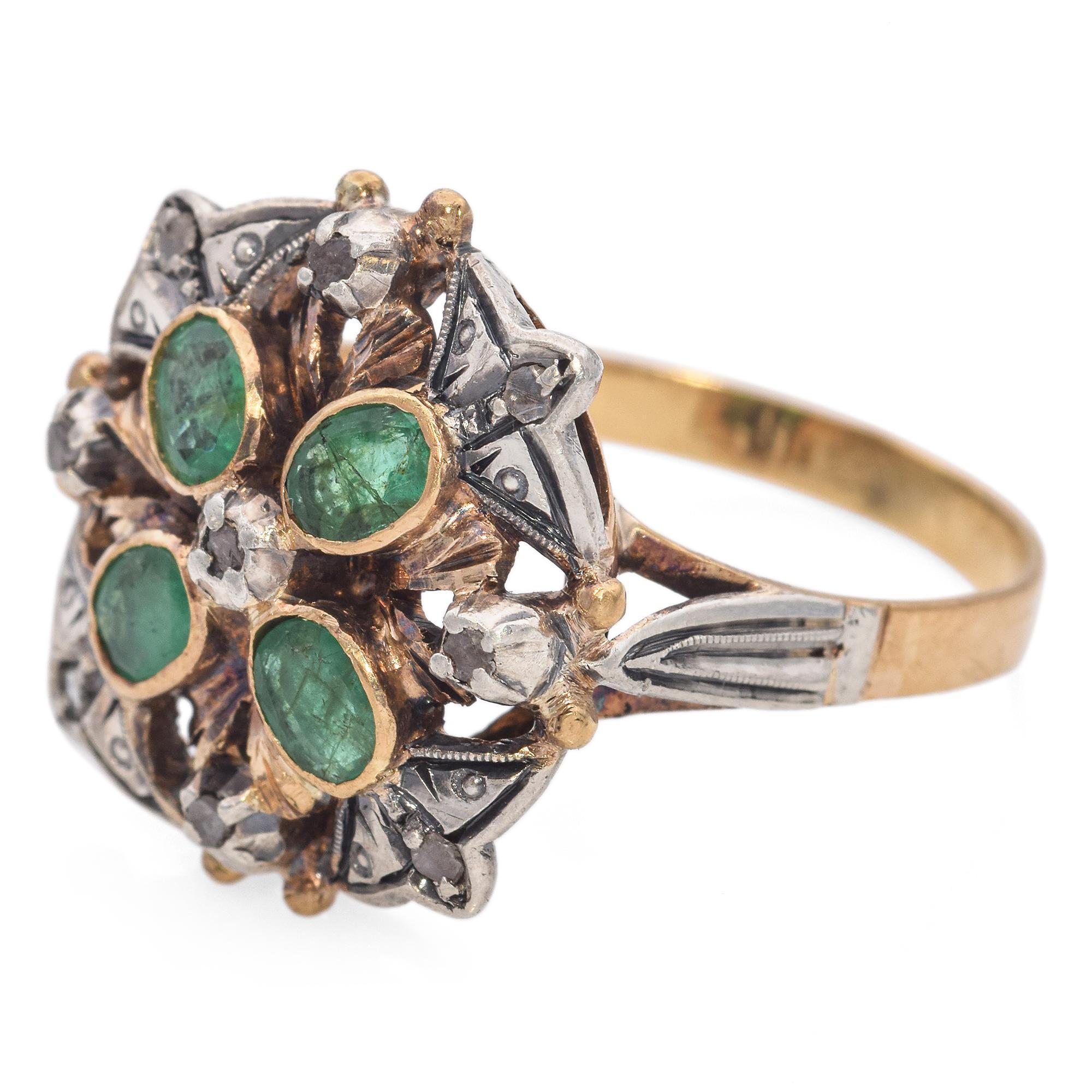 Victorian Antique 19K Yellow Gold and Silver Emerald and Diamond Statement Ring