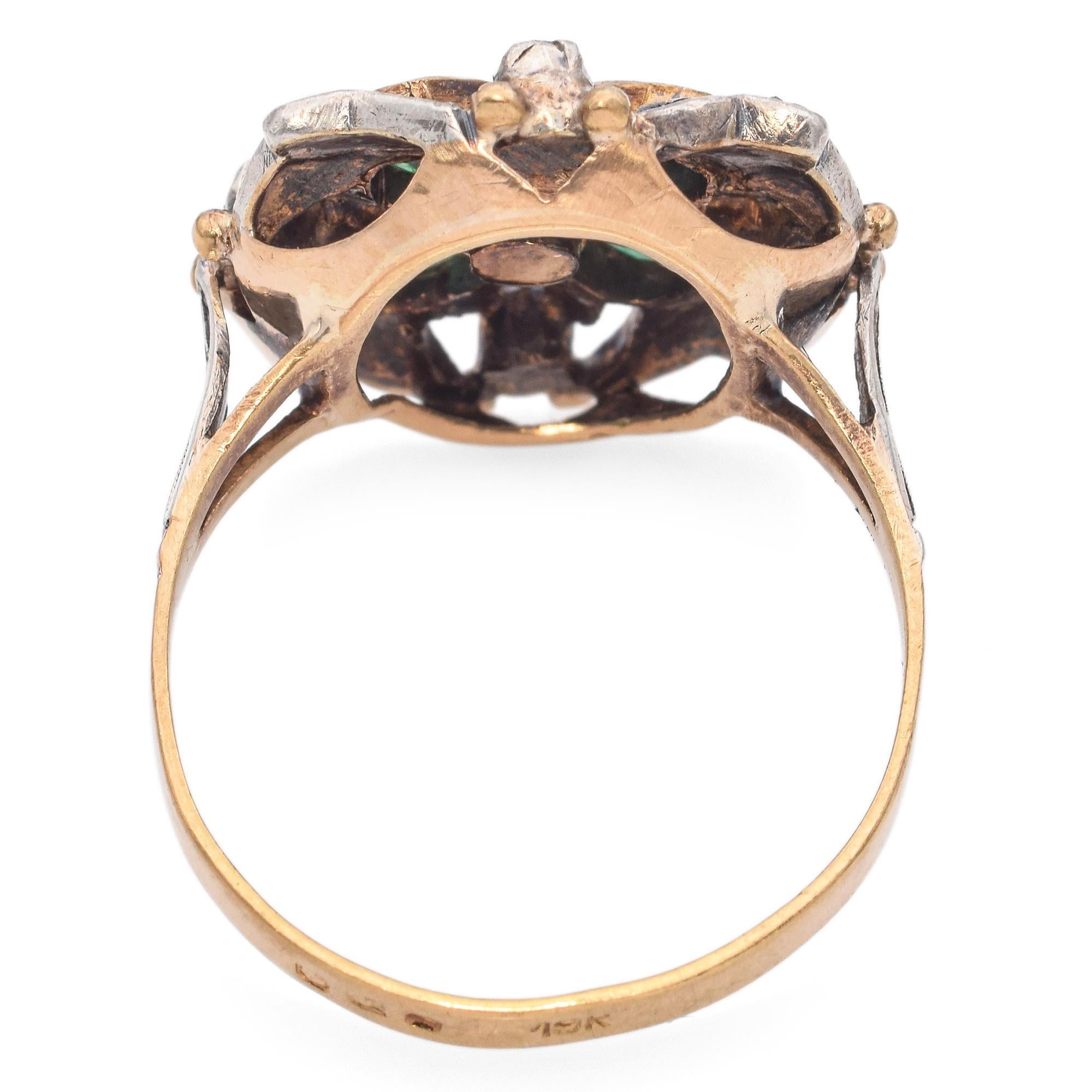 Oval Cut Antique 19K Yellow Gold and Silver Emerald and Diamond Statement Ring