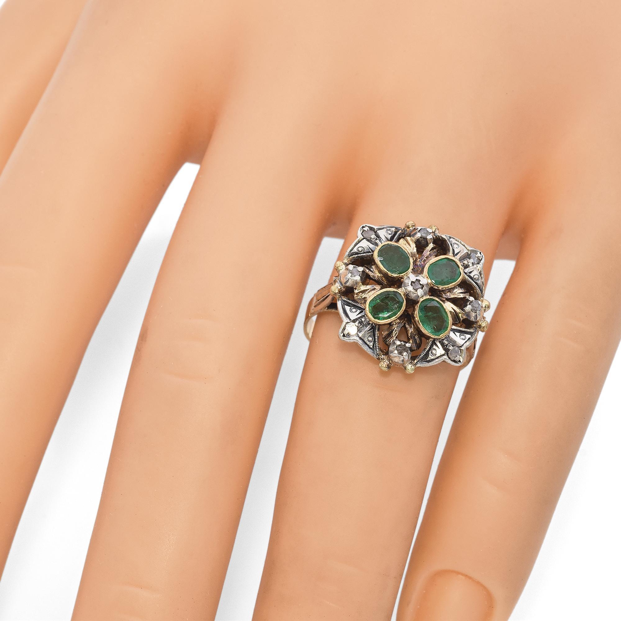 Women's Antique 19K Yellow Gold and Silver Emerald and Diamond Statement Ring