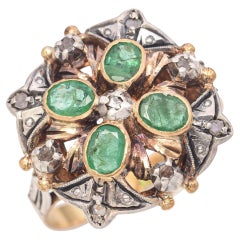 Antique 19K Yellow Gold and Silver Emerald and Diamond Statement Ring