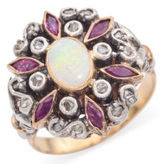 Antique 19K Yellow Gold and Silver Opal and Ruby Cocktail Ring