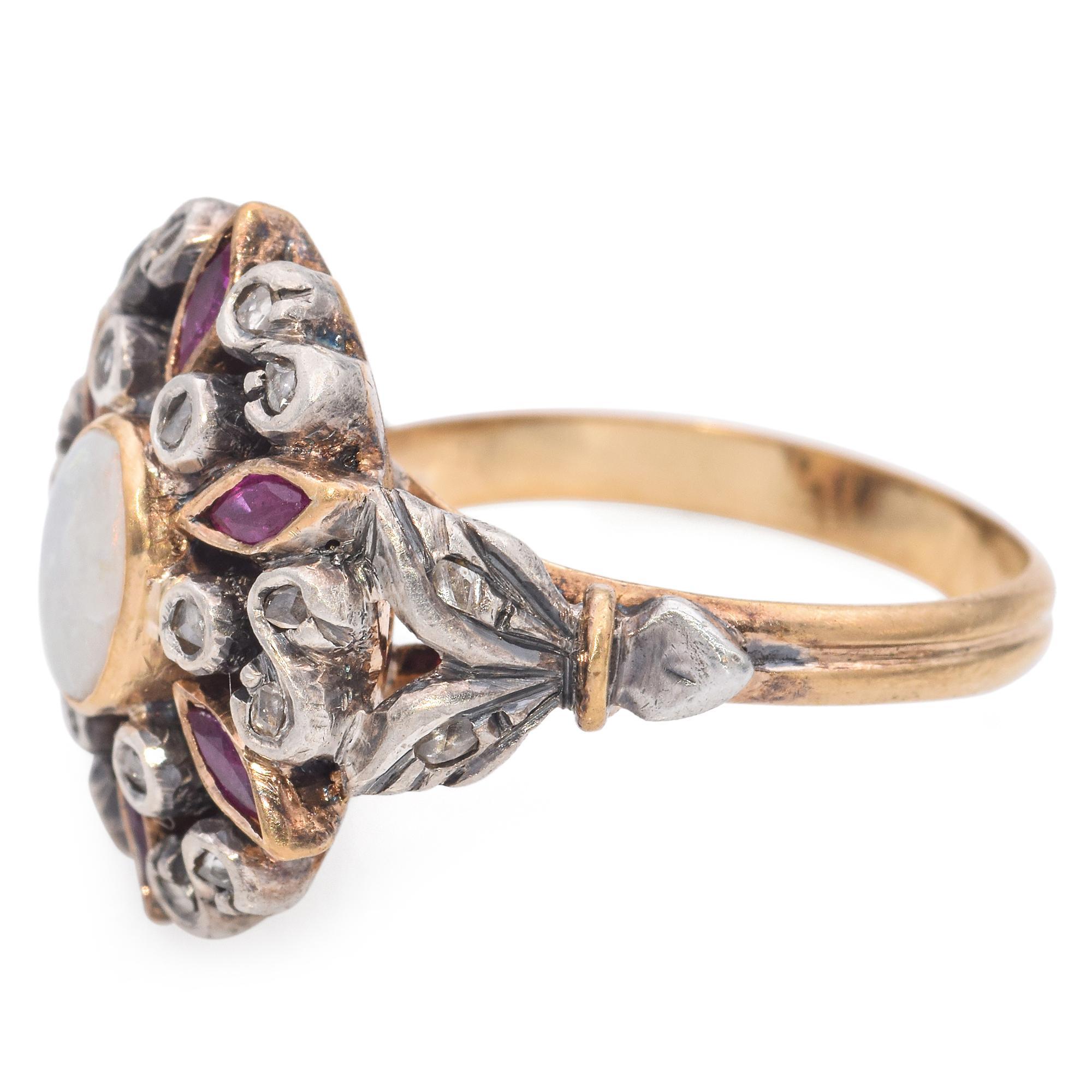 Cabochon Antique 19K Yellow Gold and Silver Opal and Ruby Cocktail Ring For Sale