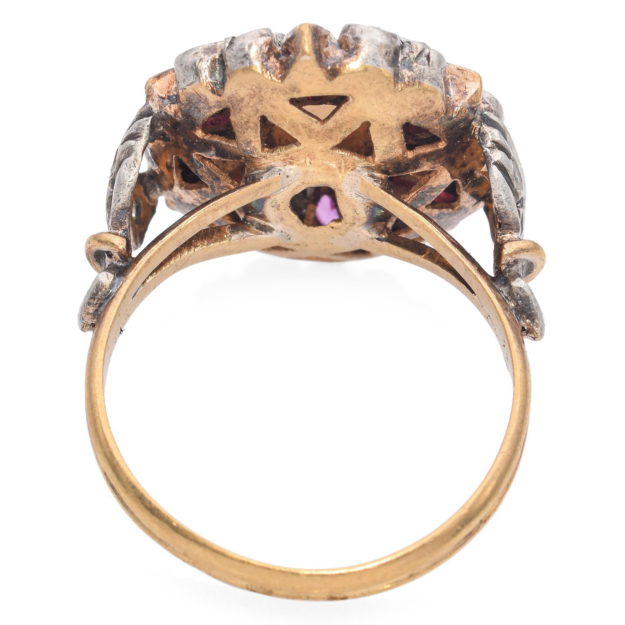 Antique 19K Yellow Gold and Silver Opal and Ruby Cocktail Ring In Good Condition For Sale In New York, NY