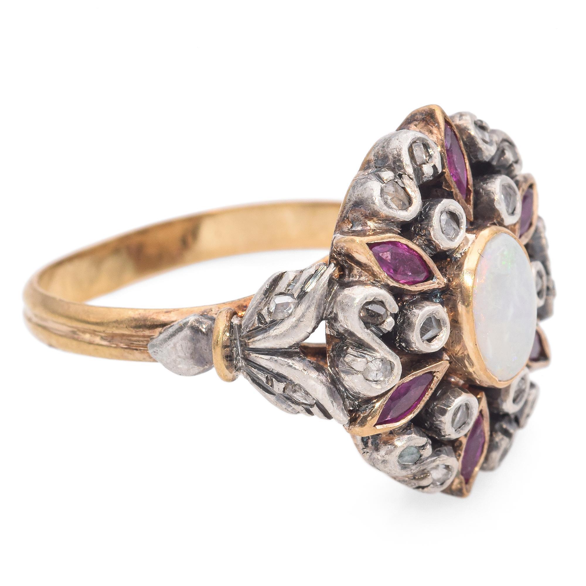 Women's Antique 19K Yellow Gold and Silver Opal and Ruby Cocktail Ring For Sale