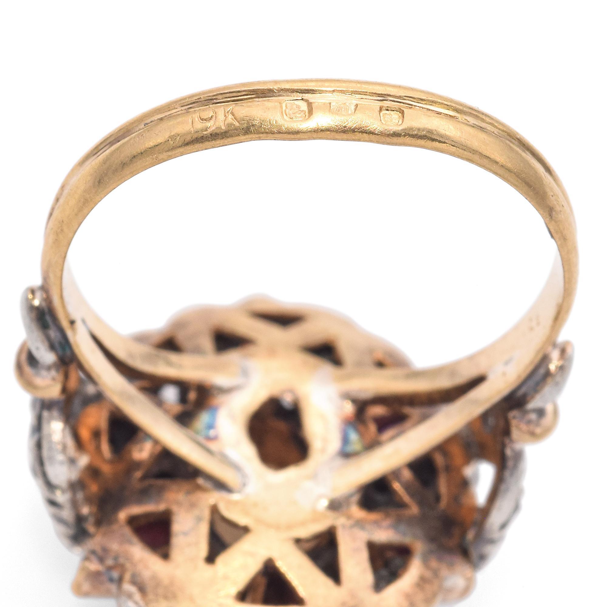 Antique 19K Yellow Gold and Silver Opal and Ruby Cocktail Ring For Sale 1