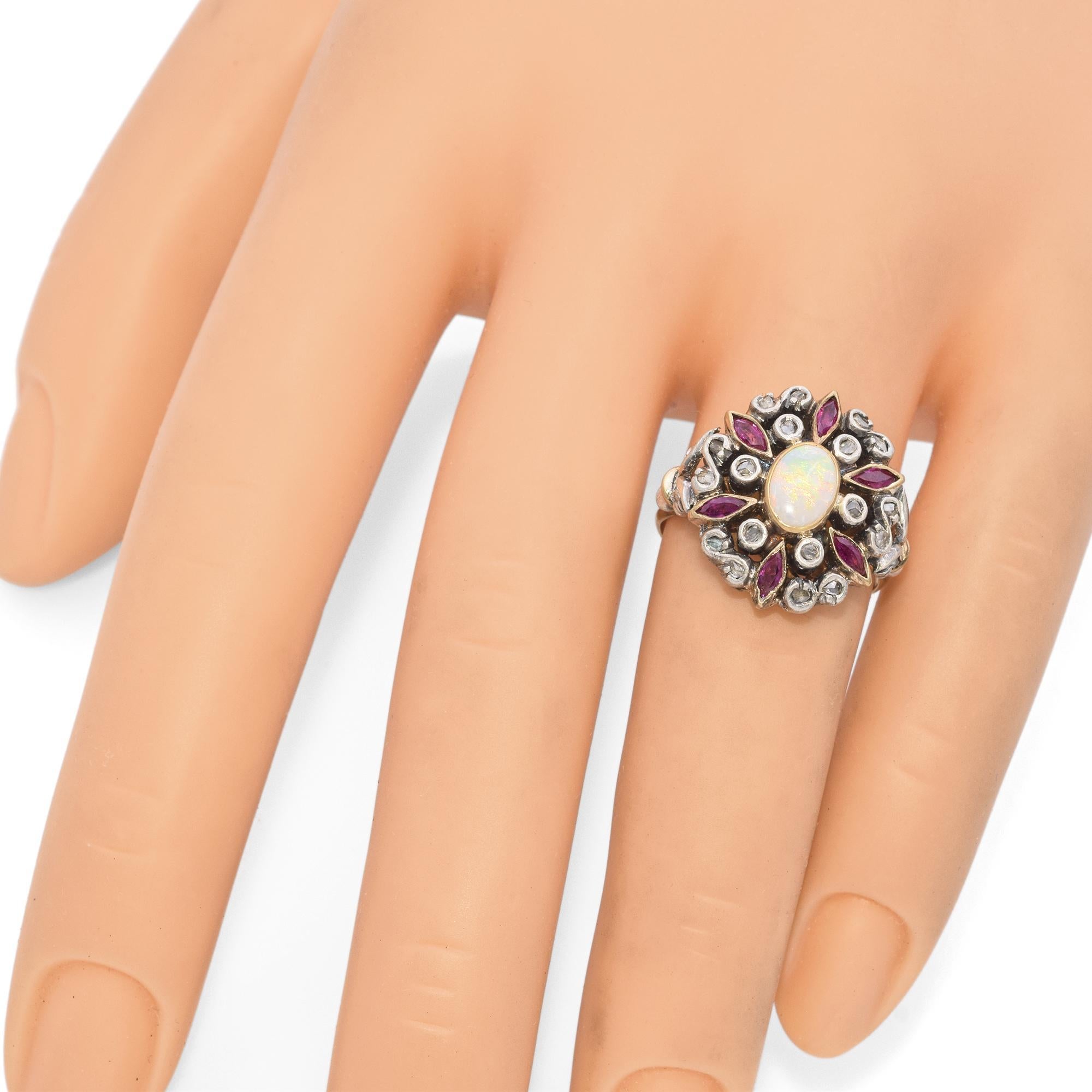 Antique 19K Yellow Gold and Silver Opal and Ruby Cocktail Ring For Sale 2
