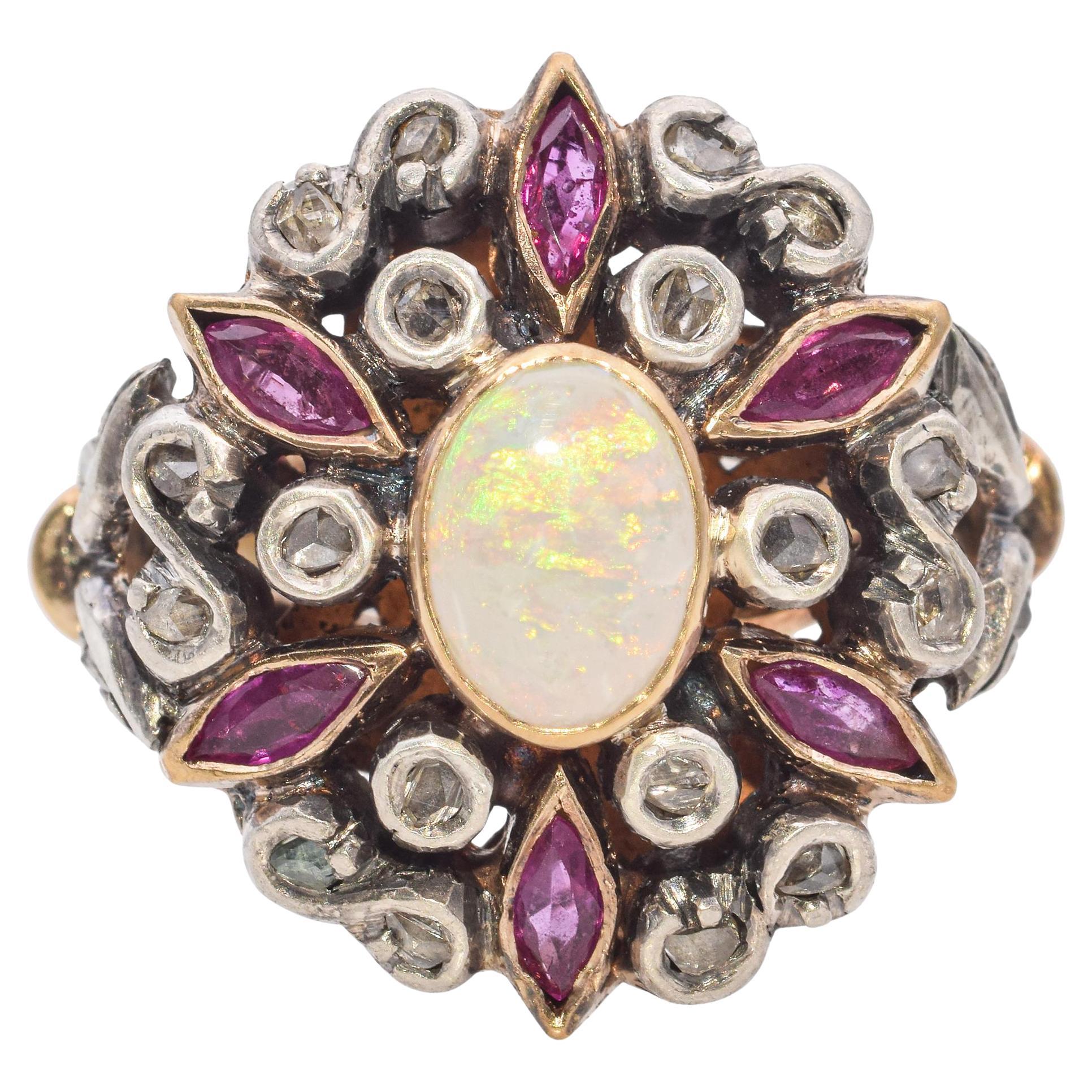 Antique 19K Yellow Gold and Silver Opal and Ruby Cocktail Ring