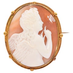 Broche camée psychédélique ancienne Eros avec papillon en or jaune 19 carats